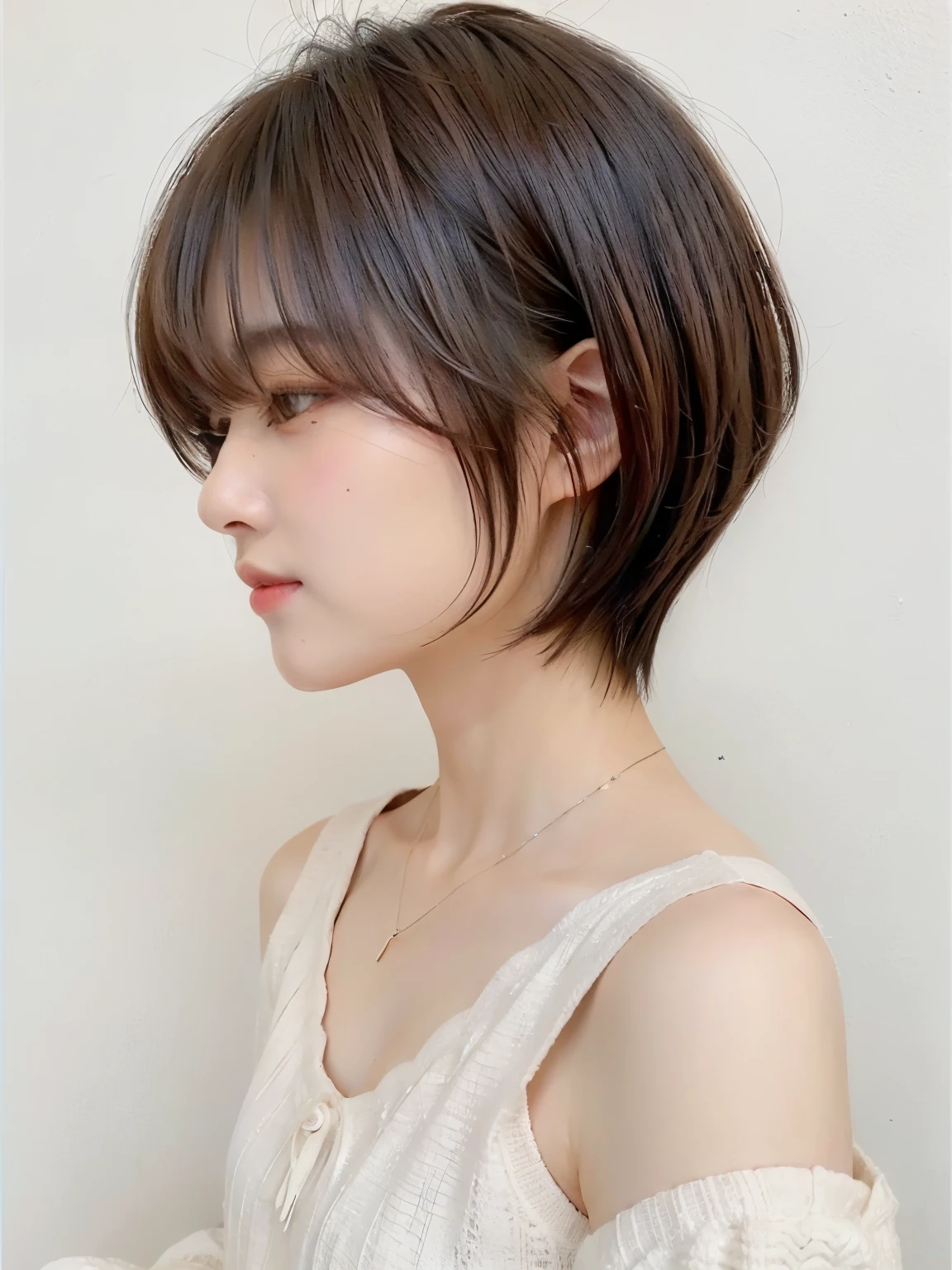 (highest quality、8K、32K、masterpiece、nffsw:1.2)、cute日本人女性の写真、long sleeve dress、very short bobbed hair、Upper body、surface focus、extra large size_sweater、necklace、simple background、From above、looking at the viewer、mix 4、(8K、Raw photo、highest quality、masterpiece:1.2)、(realistic、Photoreal:1.37)、1 girl、cute、professional lighting、photon mapping、Physically based rendering、shortcut、short hair、Handsome、girly、excellent image quality、High resolution、1080P、(clean face)、(Detailed facial description)、(detailed description of hands)、(Masseter muscle part)、(Detailed CG)、 extreme light and shadow、hair is dirty、masterpiece、rich details、(exquisite features)、(best image quality)、(masterpiece)、(detailed eye)、looking forward to your eyes、delicate clavicle、Versatile poses、Don'don't watch the mela、profile、white wall、Taken in front of the white door、(窓のあるwhite wallの部屋)、Spring clothes、シンプルnecklace