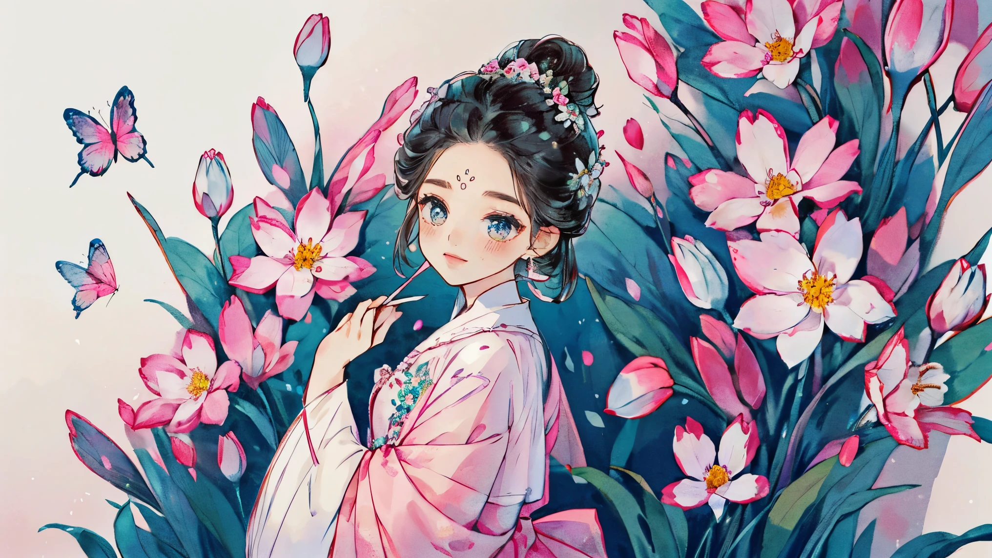 1 Sister, Alone, looking at viewert, face flushed, Background with, black hair color hair, hair adornments, longer sleeves, white backgrounid, Eternal, Full body lesbian, flowers blooming, in pink, hairflower, hair-bun, butterflys, tmasterpiece, recent quality, The finest details, Clear features, beautidful eyes
