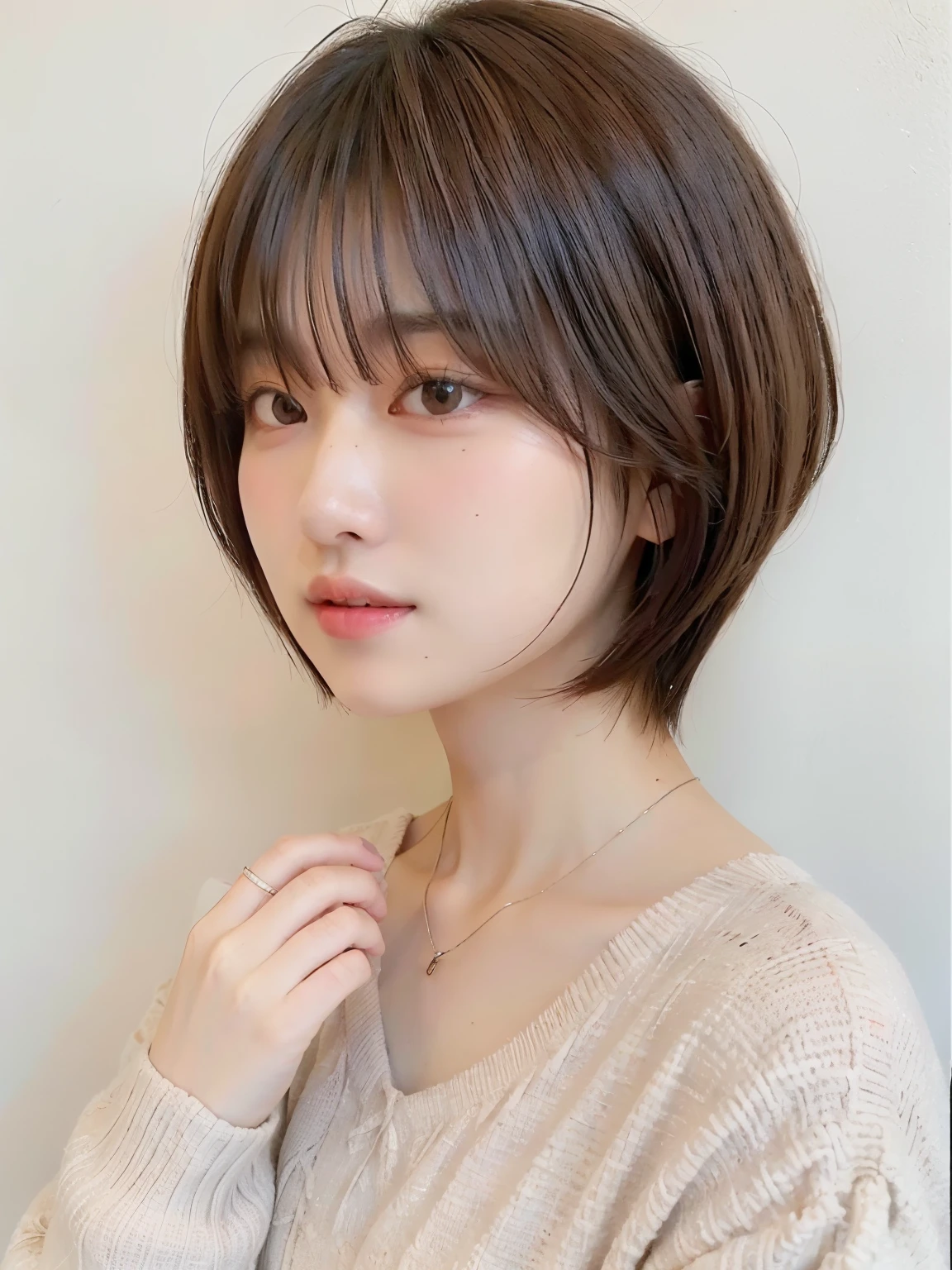 (highest quality、8K、32K、masterpiece、nffsw:1.2)、cute日本人女性の写真、long sleeve dress、very short bobbed hair、Upper body、surface focus、extra large size_sweater、necklace、simple background、From above、looking at the viewer、mix 4、(8K、Raw photo、highest quality、masterpiece:1.2)、(realistic、Photoreal:1.37)、1 girl、cute、professional lighting、photon mapping、Physically based rendering、shortcut、short hair、Handsome、girly、excellent image quality、High resolution、1080P、(clean face)、(Detailed facial description)、(detailed description of hands)、(Masseter muscle part)、(Detailed CG)、 extreme light and shadow、hair is dirty、masterpiece、rich details、(exquisite features)、(best image quality)、(masterpiece)、(detailed eye)、looking forward to your eyes、delicate clavicle、Versatile poses、Don&#39;don&#39;t watch the mela、profile、white wall、Taken in front of the white door、(窓のあるwhite wallの部屋)、Spring clothes、シンプルnecklace