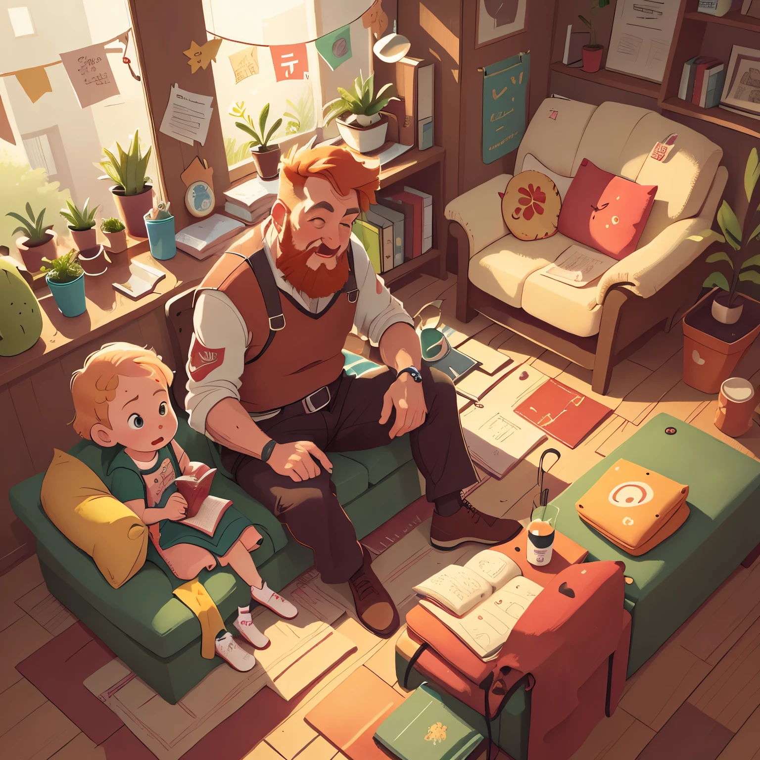 Warm home, ((two people)), a bearded father holding a  sitting on the sofa, living room, balcony, carpet, ((blond hair)), watercolor, medieval style, joy, laughter, sofa, carpet, interior