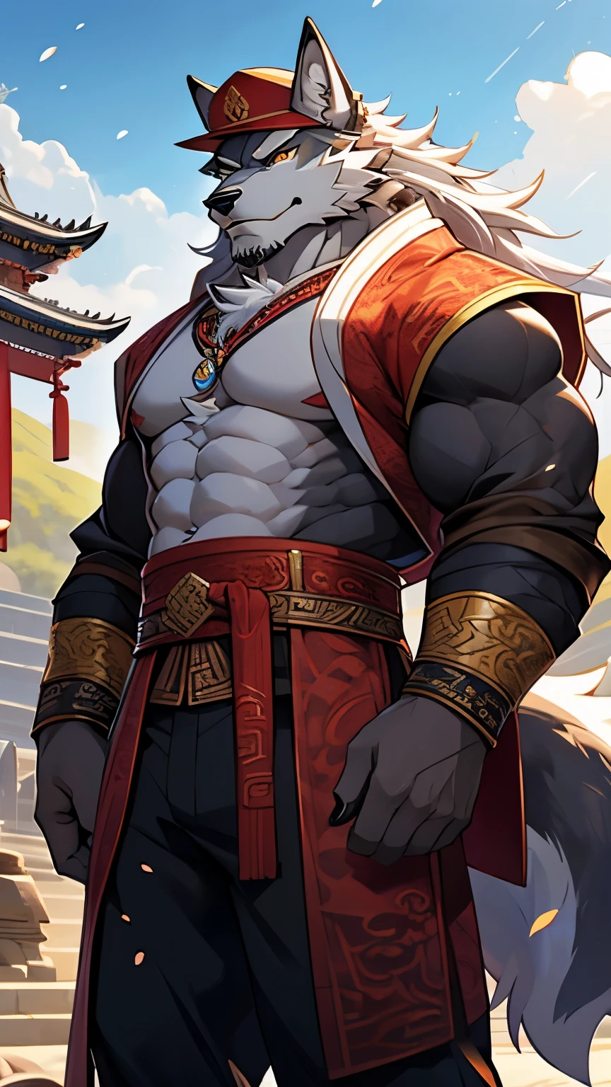 Wearing the God of Money's red hat, Ancient Chinese style,The God of wealth in China,The Chinese God of Wealth suit,furry,gray wolf,long hair,white hair,white eyebrows, wolf boy,stand,sunshine, furry boy,furry,particles, blue glowing,detailed background,photorealistic,8k hd,dark shadows, wide dynamic range,1boy,solo,muscular male,hi res,8k hd,extreme detail,detailed background,masterpiece,muscular,muscular anthro,looking at viewer,gray fur,gray body,tonyhair,white hair,sideburns,wristband,trousers,golden eyes,wolf eyes,claw,facial hair