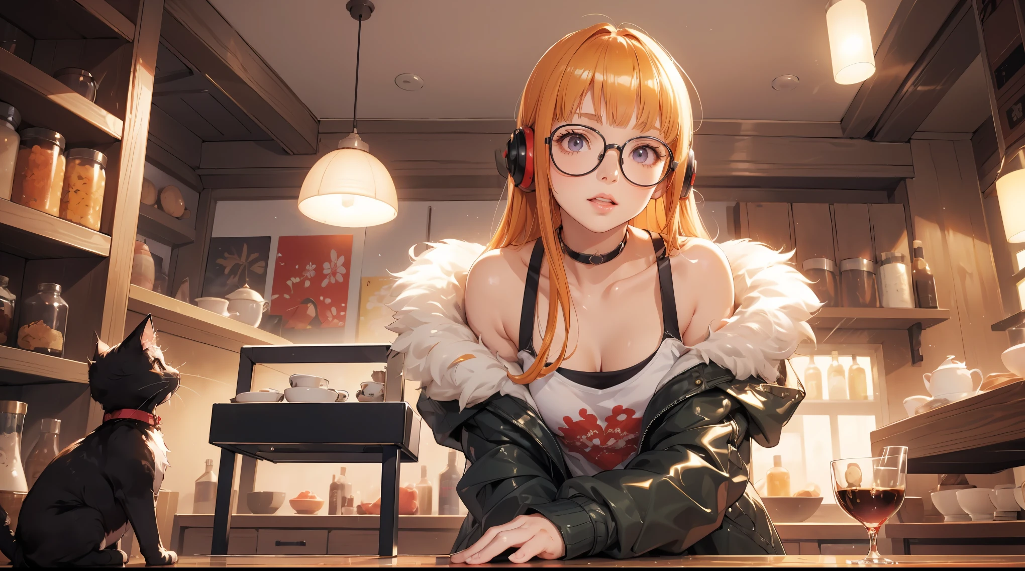 masutepiece, Best Quality, hight resolution, 1girl in, futaba sakura, Blunt bangs, eye glassesの,purple eyes、紫色の瞳 , Ahoge,orange color hair、  eye glassesの, headphones,  bura, Jacket, off shoulders, Fur trim, fur-trimmed jacket, Green jacket, Shorts, ,the golden hour,A smile that showed teeth、1black cat、tea shop、On the counter、Coffee、futaba sakura、Purple eyes、orange color hair、eye glasses、,​masterpiece、top-quality、Official art、illustratio、ligne claire、(Cool_Color)、perfect-composition、focal、acurate, Anatomically correct、 、hight resolution, Beautiful detailed glow, masutepiece*Portrait, 3D Face, Realistic, (masutepiece: 1.3), (max resolution: 1.2), (Ultra HDTV: 1.2), cinematric light, 8K resolution, phi ,​masterpiece、top-quality、Ultra Detail、(((shiny lips: 1.4)))Beautiful face, acurate, Anatomically correct, phiAlways detailed face and skin texture, Detailed eyes, Double eyelids, tThin eyebrows、 pale skin, Lustrous skin all over the body, Perfect face,Always detailed face and skin texture, Detailed eyes, Double eyelids, Thin eyebrows,Natural cheeks, Glossy skin, Fair skin: 1.2, (Glossy lips: 1.4), (((最高にbeautiful a girl)))、(((beautiful a girl)))、（little blush）、（Beautiful face）、
Delicate and beautiful hair, Delicate and beautiful eyes and face, (Beautiful gorgeous cute western woman:1.3),)(((Very Beautiful face))))(((long lashes))))(((Circular twinkling eyes)))(((Glossy and glossy lips)))
(((Cheeks with a slight reddish tinge:0.8)))(((Neat and straight nose bridge)))、(((Cowboy Shot)))crouching cowgirl,