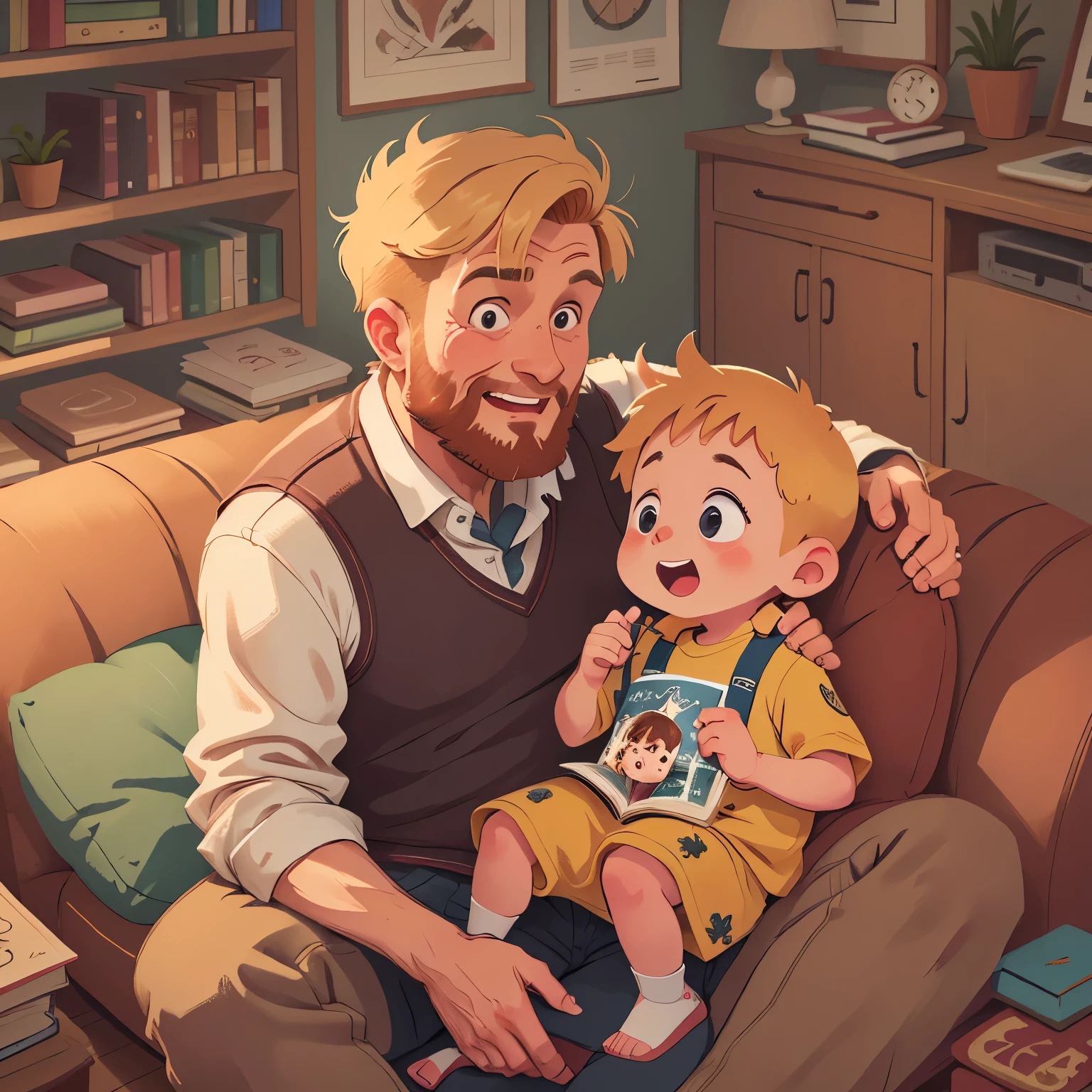 Warm home, ((two people)), a bearded father holding a little boy sitting on the sofa, living room, balcony, carpet, ((blond hair)), watercolor, medieval style, joy, laughter, sofa, carpet, interior