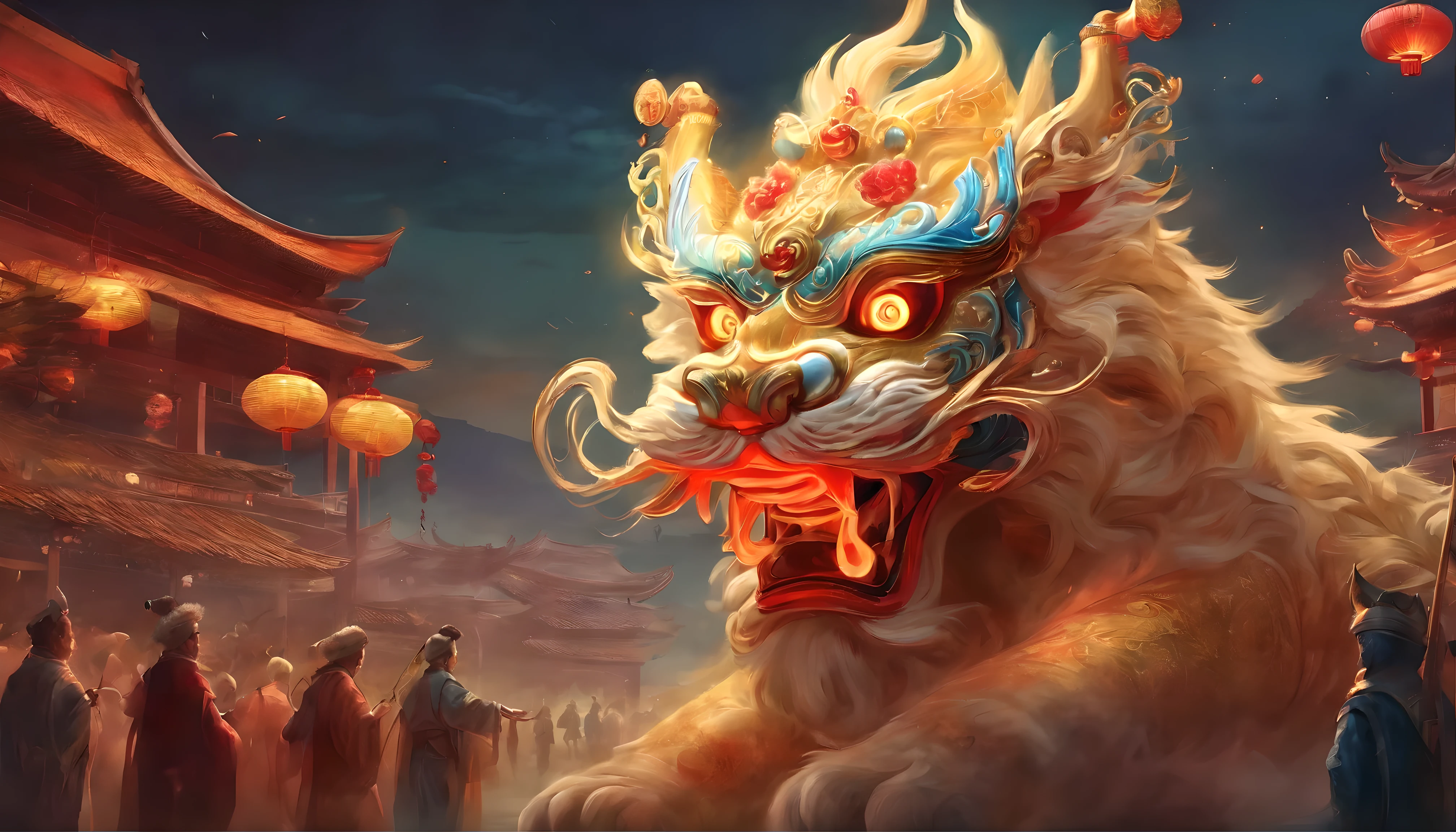 top quality, Masterpiece, super detailed, original photo, (realism:1.4), Chinese lion dance, glaring eyes, Hercules, juvenile, in a square filled with spectators, Chinese style, pale light, night, depth of field