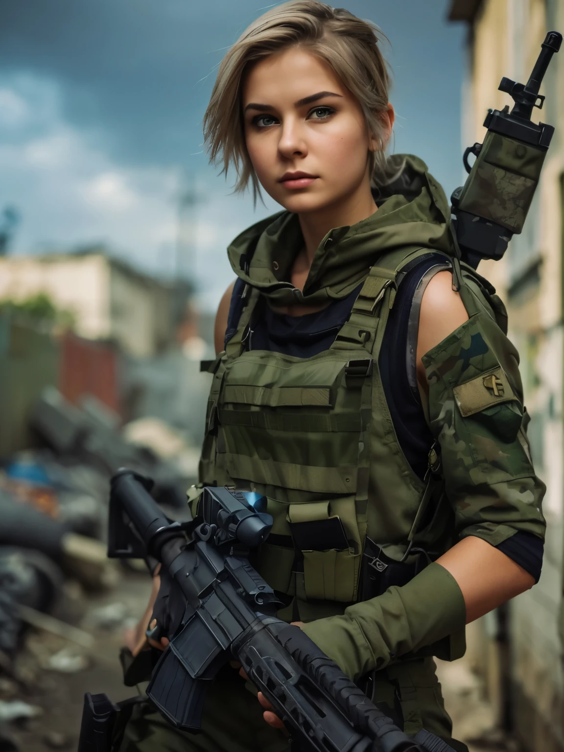 hyper realistic photography, an edgy cute russian girl 18-years old, with frackles & band aid on her nose, blue short hair, wearing soldier helmet with googles & full of badges, cool intense expression, big breast, cleavage, wear white brassiere with lace & military vest complete with pocket weaponry, wear blue jeans shortpants raw cut, with net stockings & wear military boot, cool posing and hold a cool weapon M-16 machinery, background street alley raw with graffiti-style raw, good anatomy hand, body & fingers --v 6.0