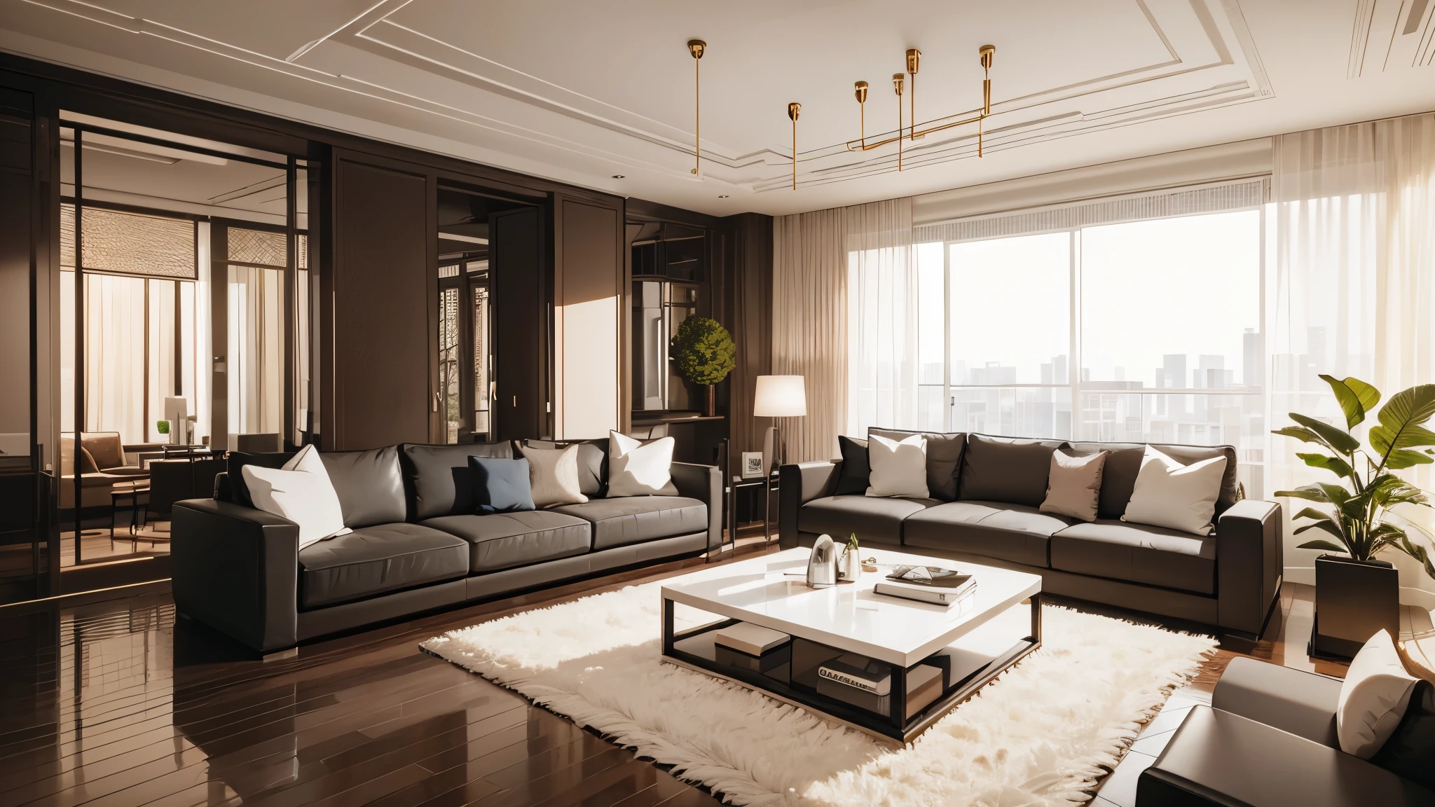 You are a famous interior designer、You have been asked to create a 3D image of a modern large room. Create a harmonious environment with modern and minimalist furniture. Including garden interior.