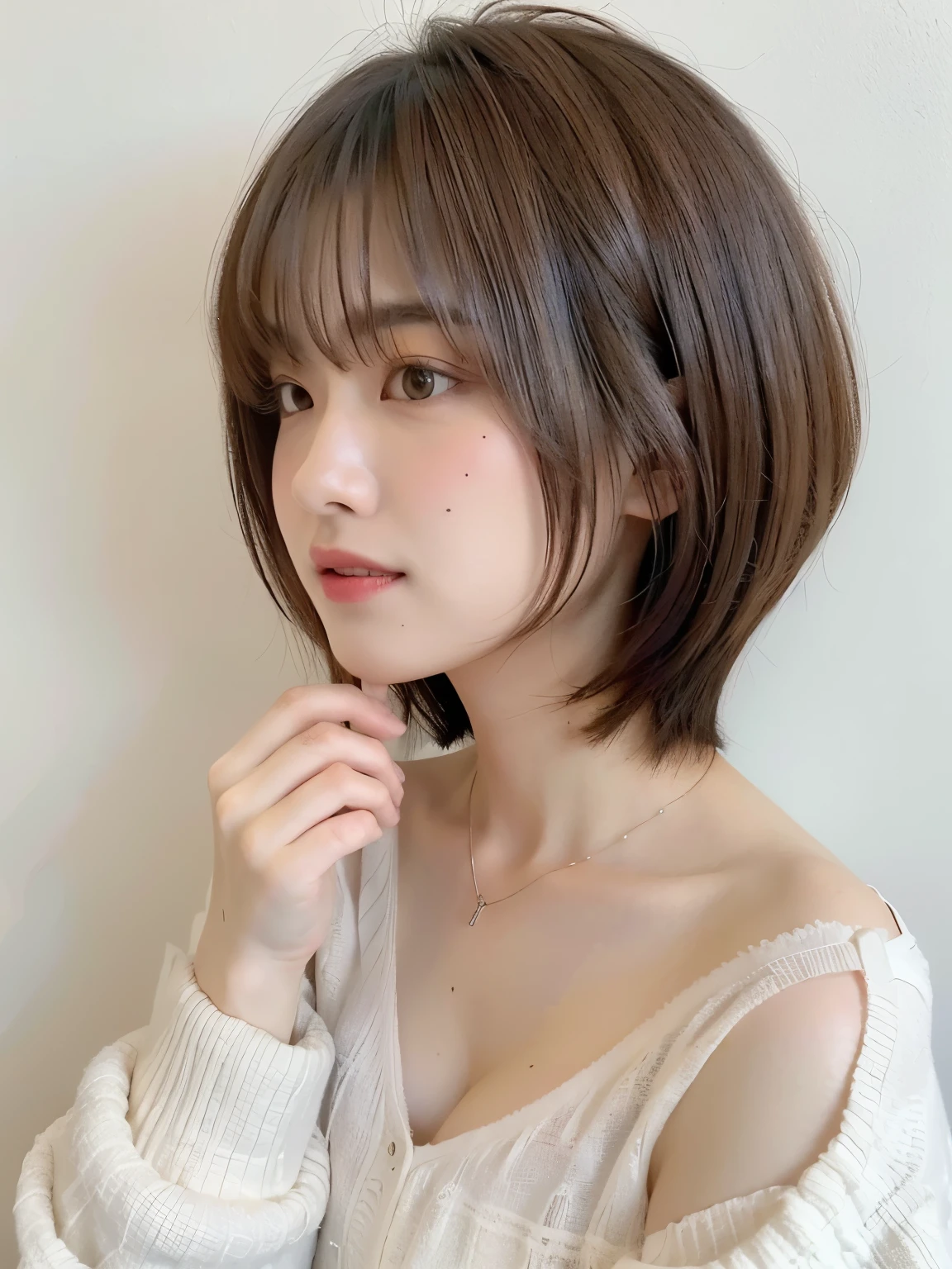 (highest quality、8K、32K、masterpiece、nffsw:1.2)、cute日本人女性の写真、long sleeve dress、very short bobbed hair、Upper body、surface focus、extra large size_sweater、necklace、simple background、From above、looking at the viewer、mix 4、(8K、Raw photo、highest quality、masterpiece:1.2)、(realistic、Photoreal:1.37)、1 girl、cute、professional lighting、photon mapping、Physically based rendering、shortcut、short hair、Handsome、girly、excellent image quality、High resolution、1080P、(clean face)、(Detailed facial description)、(detailed description of hands)、(Masseter muscle part)、(Detailed CG)、 extreme light and shadow、hair is dirty、masterpiece、rich details、(exquisite features)、(best image quality)、(masterpiece)、(detailed eye)、looking forward to your eyes、delicate clavicle、Versatile poses、Don'don't watch the mela、profile、white wall、Taken in front of the white door、(窓のあるwhite wallの部屋)、Spring clothes、シンプルnecklace