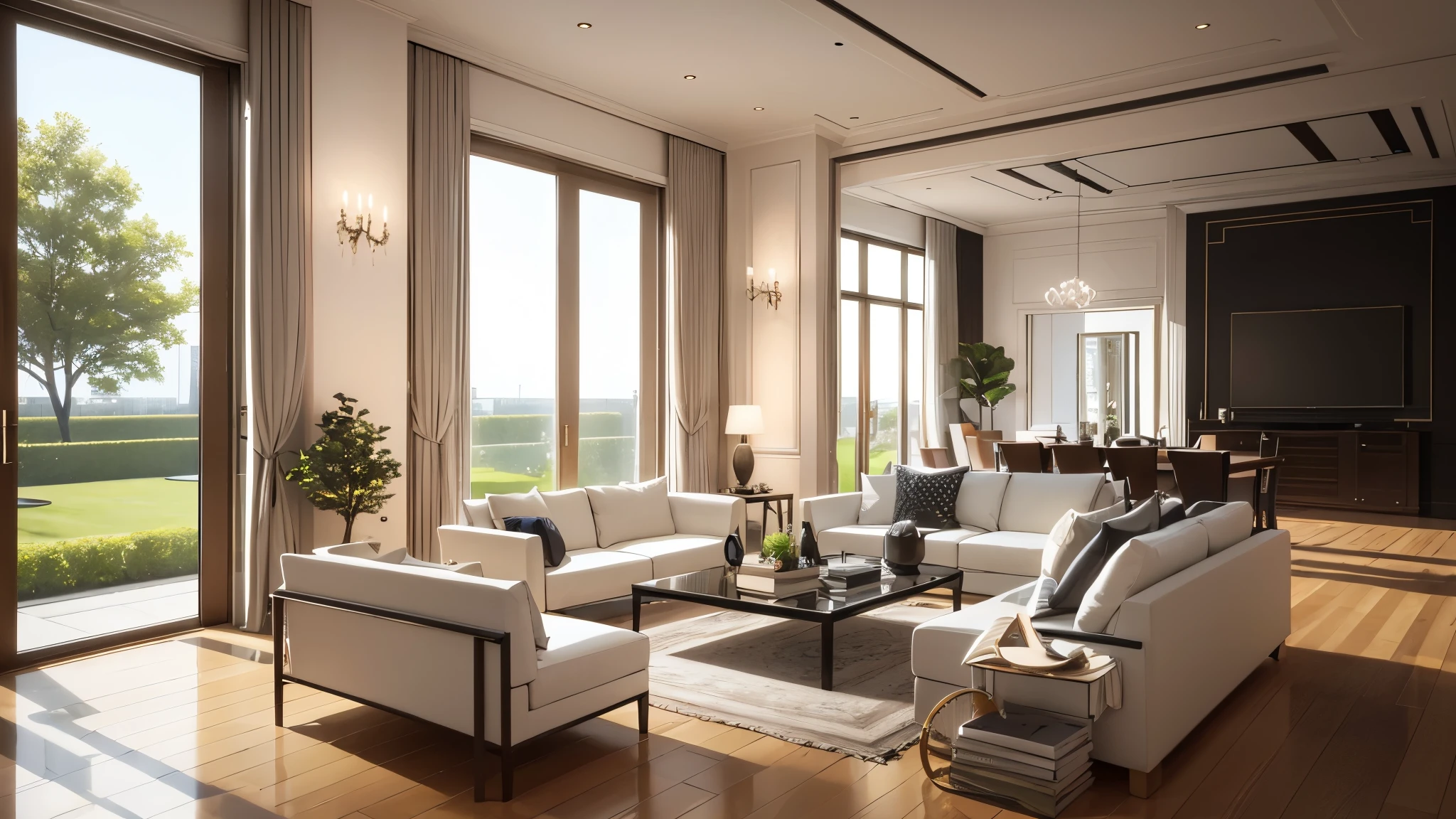You are a famous interior designer、You have been asked to create a 3D image of a modern large room. Create a harmonious environment with modern and minimalist furniture. Including garden interior.