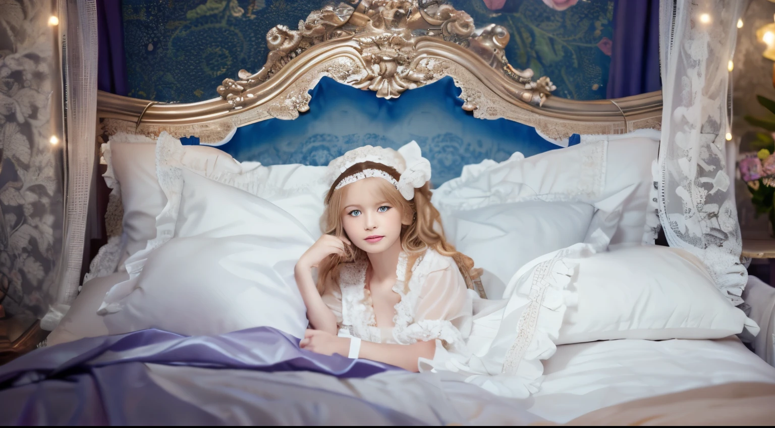 ,highest quality, masterpiece, highest resolution, artwork, super それにget used to it, many get used to it, get used to it, それにget used to it, 3K realistic photos,,(( girl)),Super detailed young girl's face, Beautiful girl illustration,detailed beautiful face detailed hair,detailed human eye ,detailed mouth, arm details,detailed hands, european,(((Blonde with super long rolls))),blue eyes,pajamas,night wear,((((white nightgown)))),((フリルとリボンが沢山付いたwhite nightgown)),((1920 style nightgowns)),,((headdress with frills and ribbons)),victorian nightgowns,Yoke collar with ruffles and ribbons,Long sleeves with ruffles,Long skirt up to the ankle,((The whole body is reflected)),white ruffle and lace socks,Wearing slippers with frills and ribbons,Pillow with large frills and ribbons,detailed costume,Detailed pillow,sitting on the bed,贅沢なcanopy bedの上,canopy bed,Luxury curtains on both sides of the bed,many frilly pillows on the bed,super detailed background,Detailed bed,romantic atmosphere,The lower half of the body is hidden under the futon,