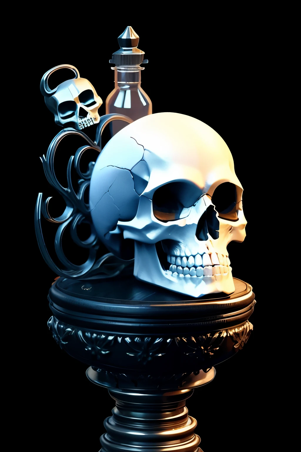 potions,(skull sculpture),(White background:1.4)，(simple background:1.4)，(Small wooden table:1.2)，((solo)),full body