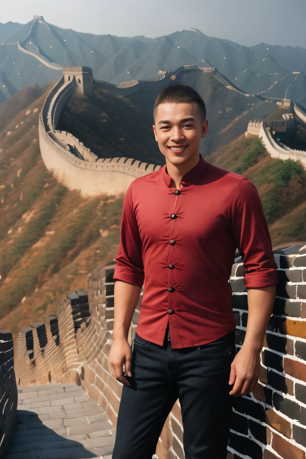 (Full Body, editorial photo of a handsome 25 year old man), (highly detailed face:1.4) (smile:0.7) (great wall of china background, moody:1.3) POV, by lee jeffries, nikon d850, film stock photo, 4 kodak portra 400, f1.6 camera lens, rich colors, very realistic, lifelike textures, dramatic lighting, cinestill 800,