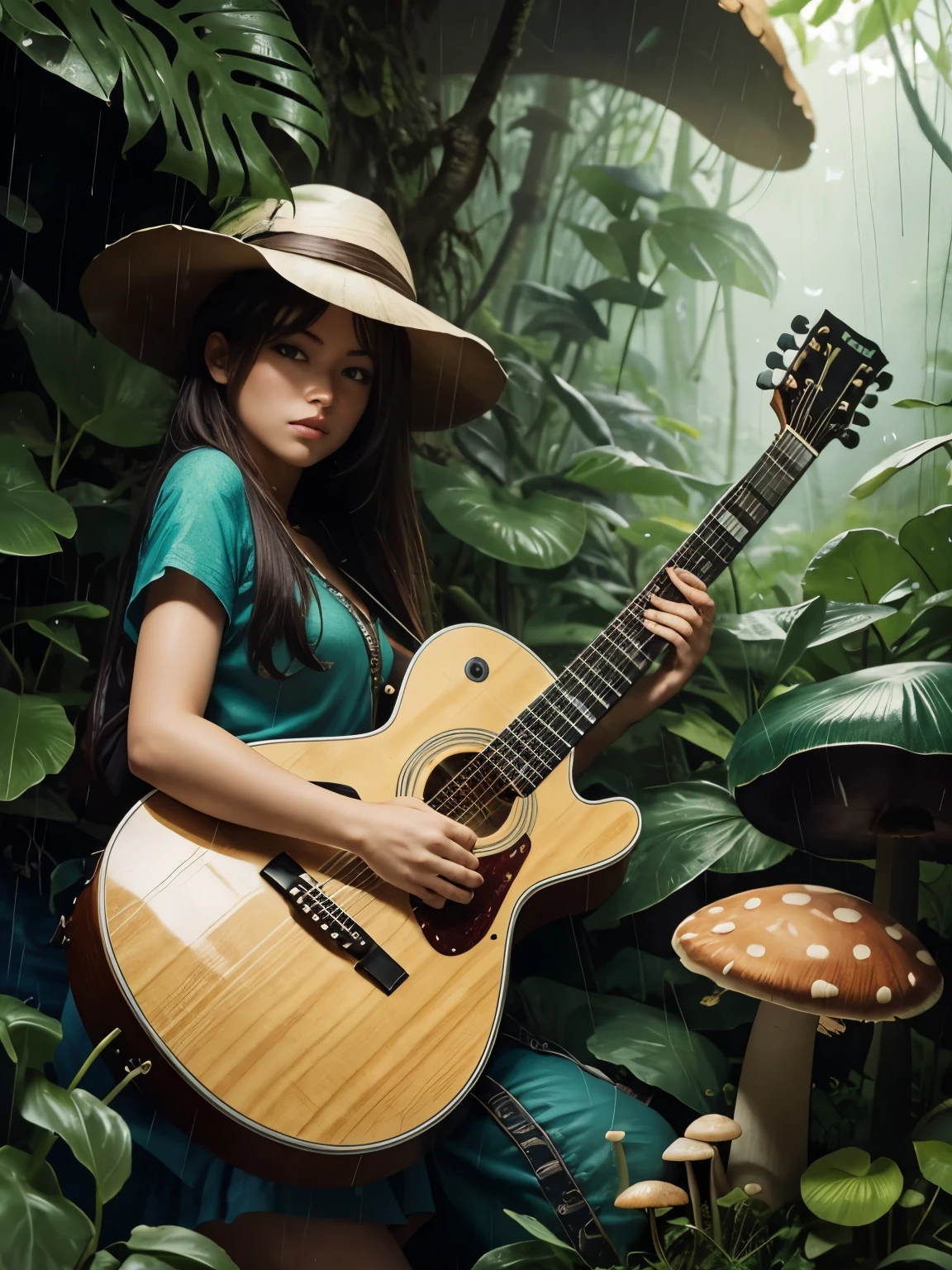 Guitar in jungle with mushrooms and rain