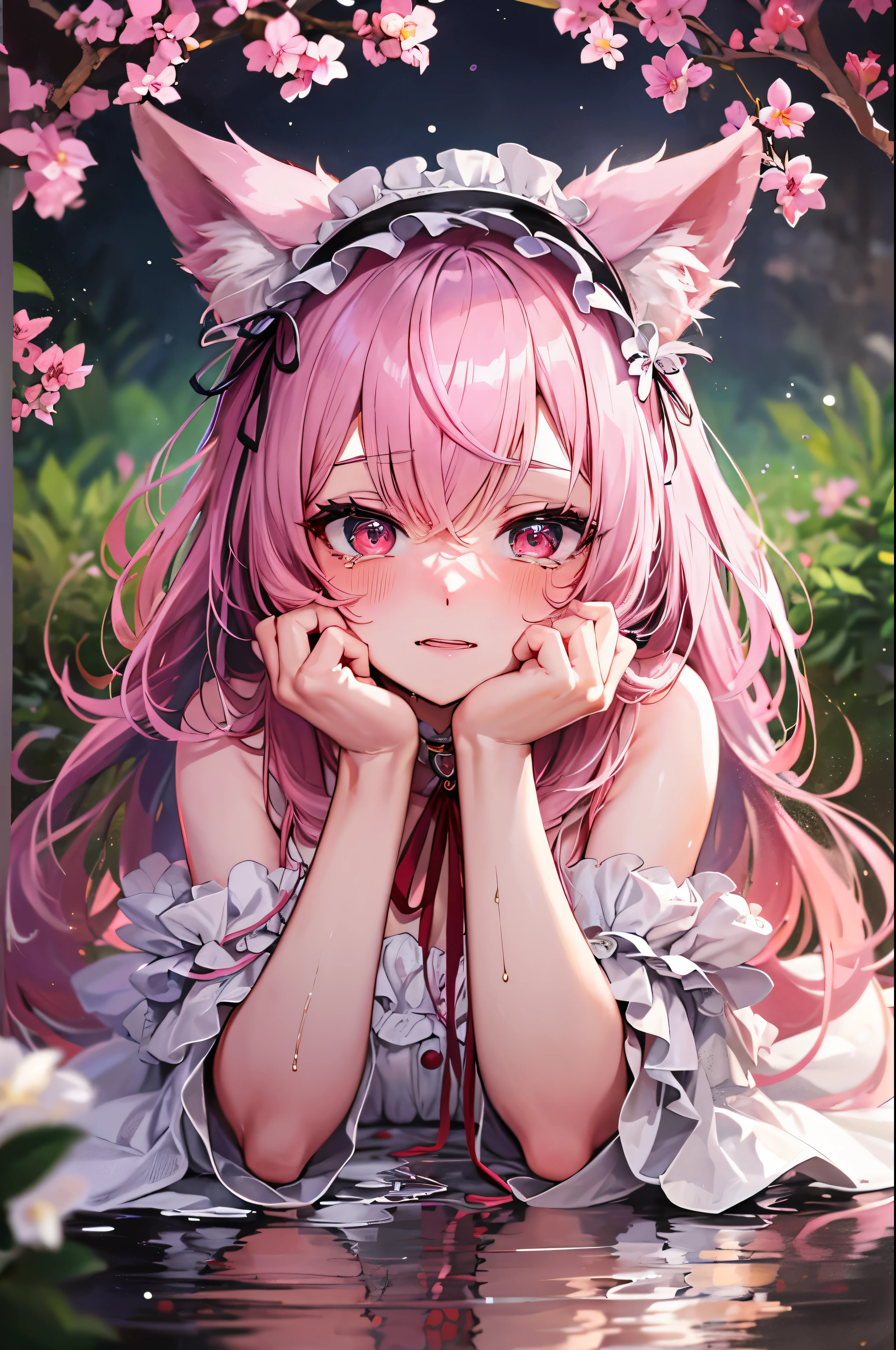 hairy, Pink fur, Off-the-shoulder white translucent morning dress, sit on the grass, Cherry blossom forest background, gold slit pupil, blushing:1, hair between eyes, pink hair, gradient hair, hair past shoulders, wet hair, shiny hair, bell, trumpet, forehead gem, lolitahairband, eye reflex, shed tears, slit pupil, fox ears, wolf ears, Awkward, blush, saliva, full blush, panicked, despair, full-face blush, realism, 超realism, Ray tracing, reflected light, backlight, Fuji color, Bokeh, ultra high definition, retina, anatomically correct, Super details, best quality, high resolution