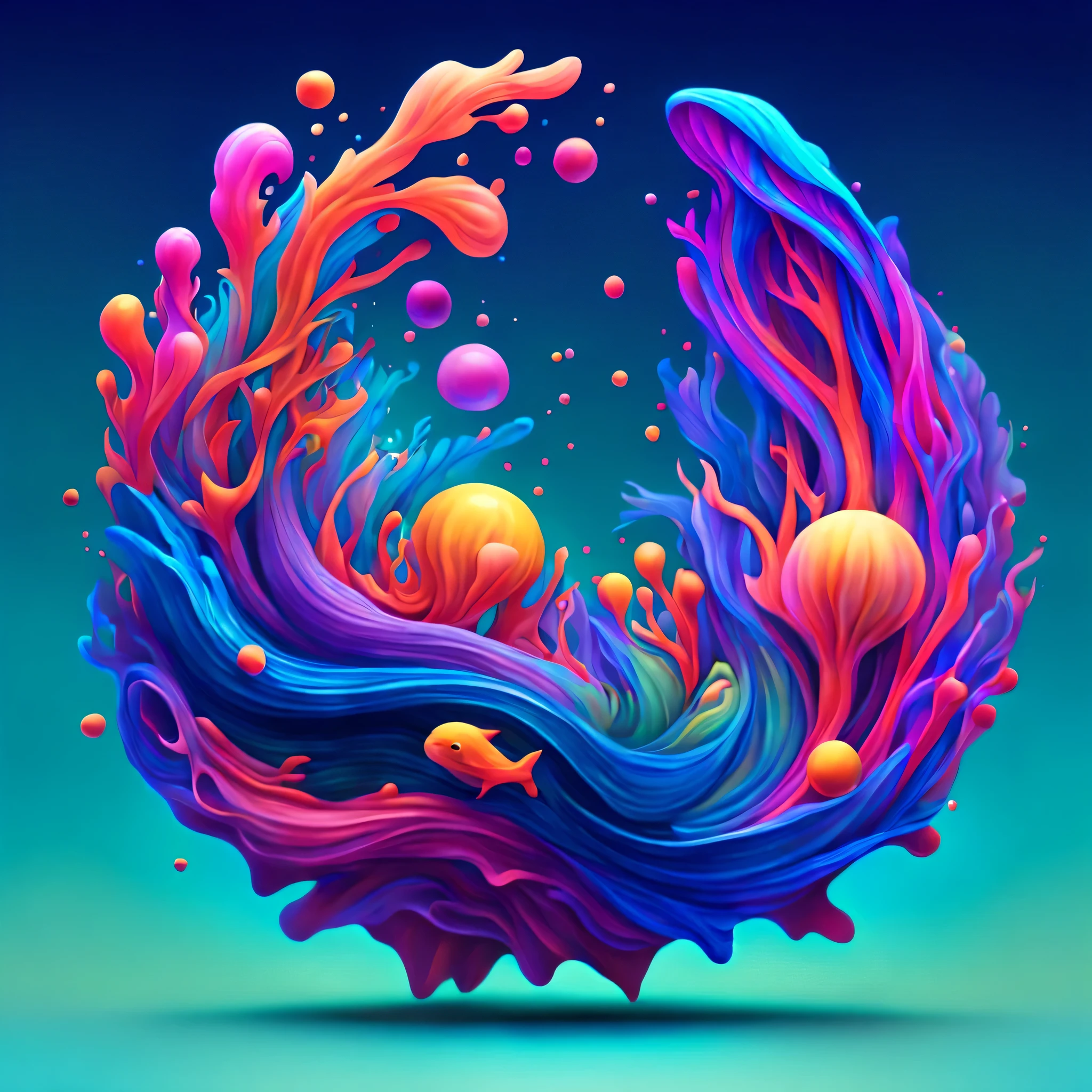 Create a vibrant and abstract digital artwork inspired by the fusion of cosmic elements and underwater scenes. Emphasize bold colors, dynamic shapes, and intricate patterns to convey a sense of depth and mystery. Imagine a cosmic ocean where galaxies swirl alongside bioluminescent sea creatures. Let the AI bring this otherworldly and mesmerizing vision to life.