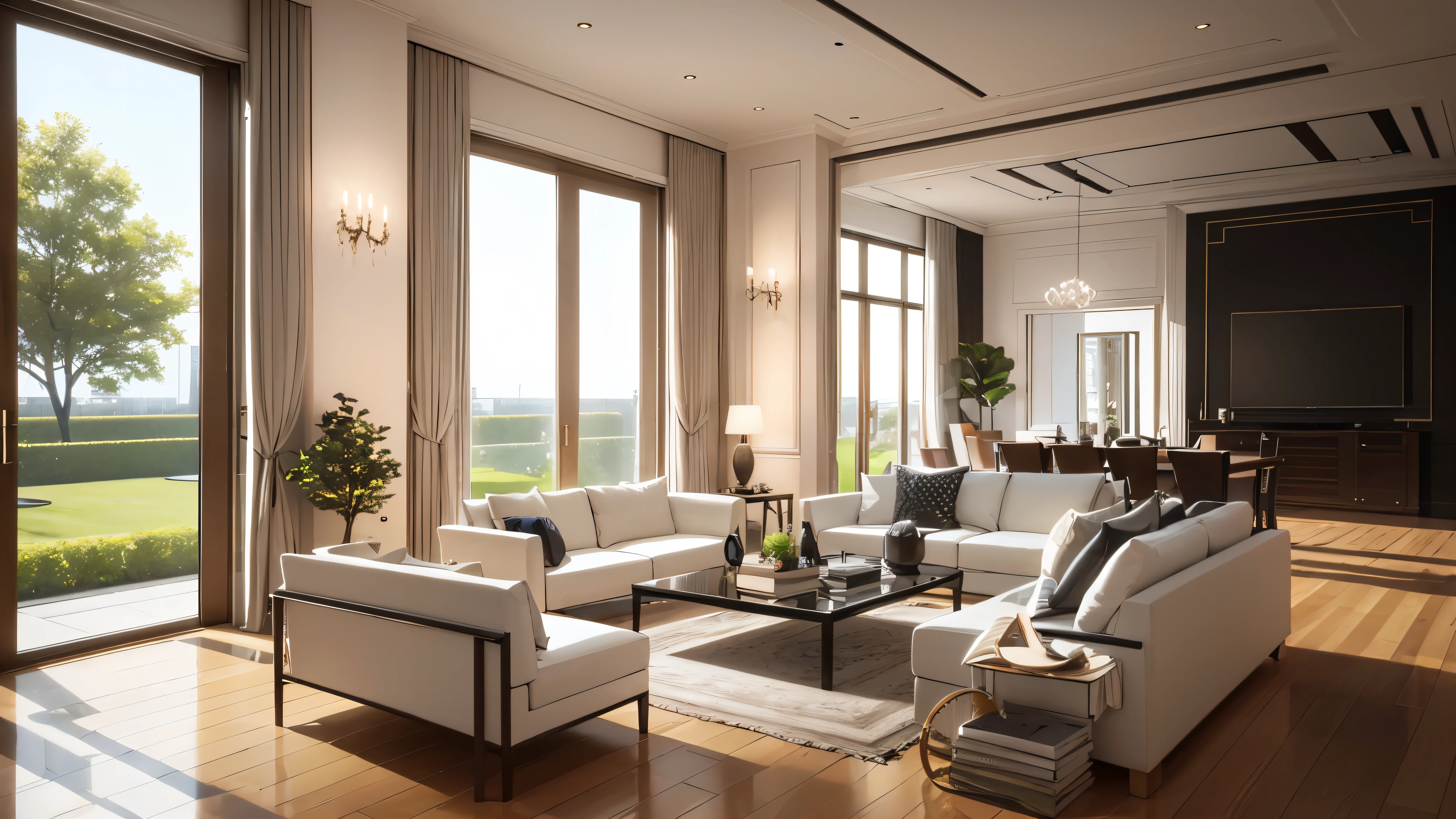 You are a famous interior designer、You have been asked to create a 3D image of a modern large room. Create a harmonious environment with modern and minimalist furniture. Including garden interior.