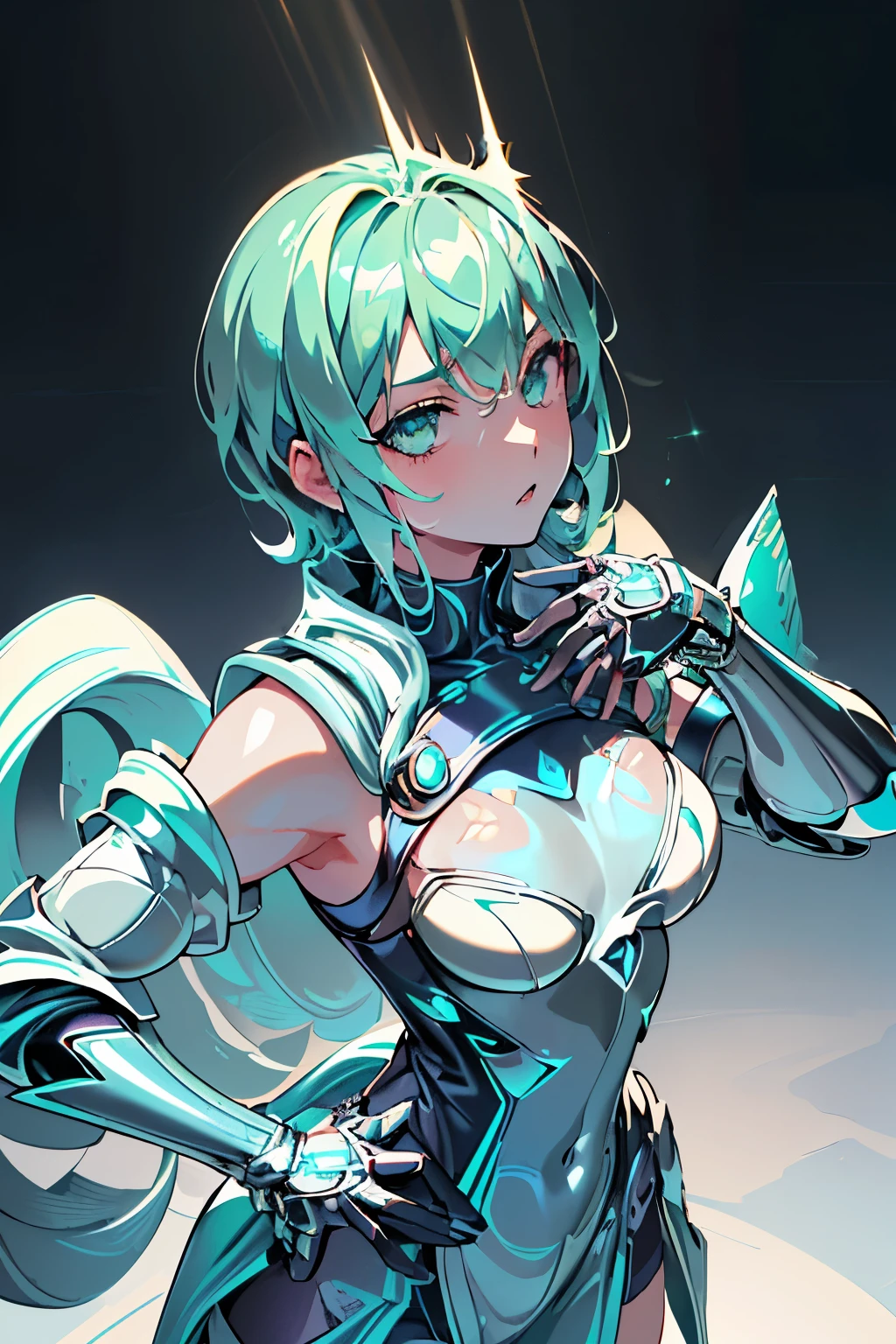 Anime, Girl, (((1girl))), (((Seafoam Green Hair, Short Hair))), ((Seafoam Green Eyes eyes:1.3, Upturned Eyes: 1, Perfect Eyes, Beautiful Detailed Eyes, Gradient eyes: 1, Finely Detailed Beautiful Eyes: 1, Symmetrical Eyes: 1, Big Highlight On Eyes: 1.2)), (((Lustrous Skin: 1.5, Bright Skin: 1.5, Skin Fair, Shiny Skin, Very Shiny Skin, Shiny Body, Plastic Glitter Skin, Exaggerated Shiny Skin, Illuminated Skin))), (Detailed Body, (Detailed Face)), Young, , Flat Chest, Small Breasts, Idol Pose, (Best Quality), Techwear, (((Knight Armor, Bicep-high Gauntlets, Armored Boots, Thigh-high Heeled Boots, Armored Gauntlets))), (((Crown))), High Resolution, Sharp Focus, Ultra Detailed, Extremely Detailed, Extremely High Quality Artwork, (Realistic, Photorealistic: 1.37), 8k_Wallpaper, (Extremely Detailed CG 8k), (Very Fine 8K CG), ((Hyper Super Ultra Detailed Perfect Piece)), (((Flawlessmasterpiece))), Illustration, Vibrant Colors, (Intricate), High Contrast, Selective Lighting, Double Exposure, HDR (High Dynamic Range), Post-processing, Background Blur