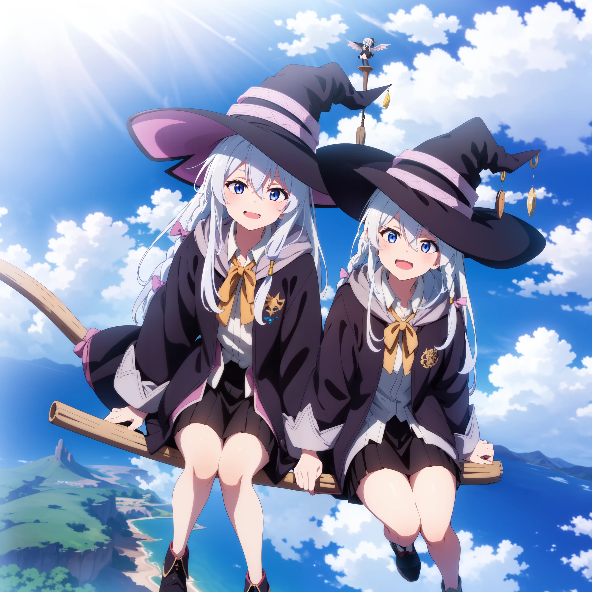 multiple girls, Elaina sits on a broom, floating, (aerial view:1.3), (fly at high speed:1.3), above cloud, sky, obstacle course, absurdres, highres, beautiful, best quality, long hair, blue eyes, white hair, witch hat, hair bow, braid, black robe, black skirt, shiny eyes
