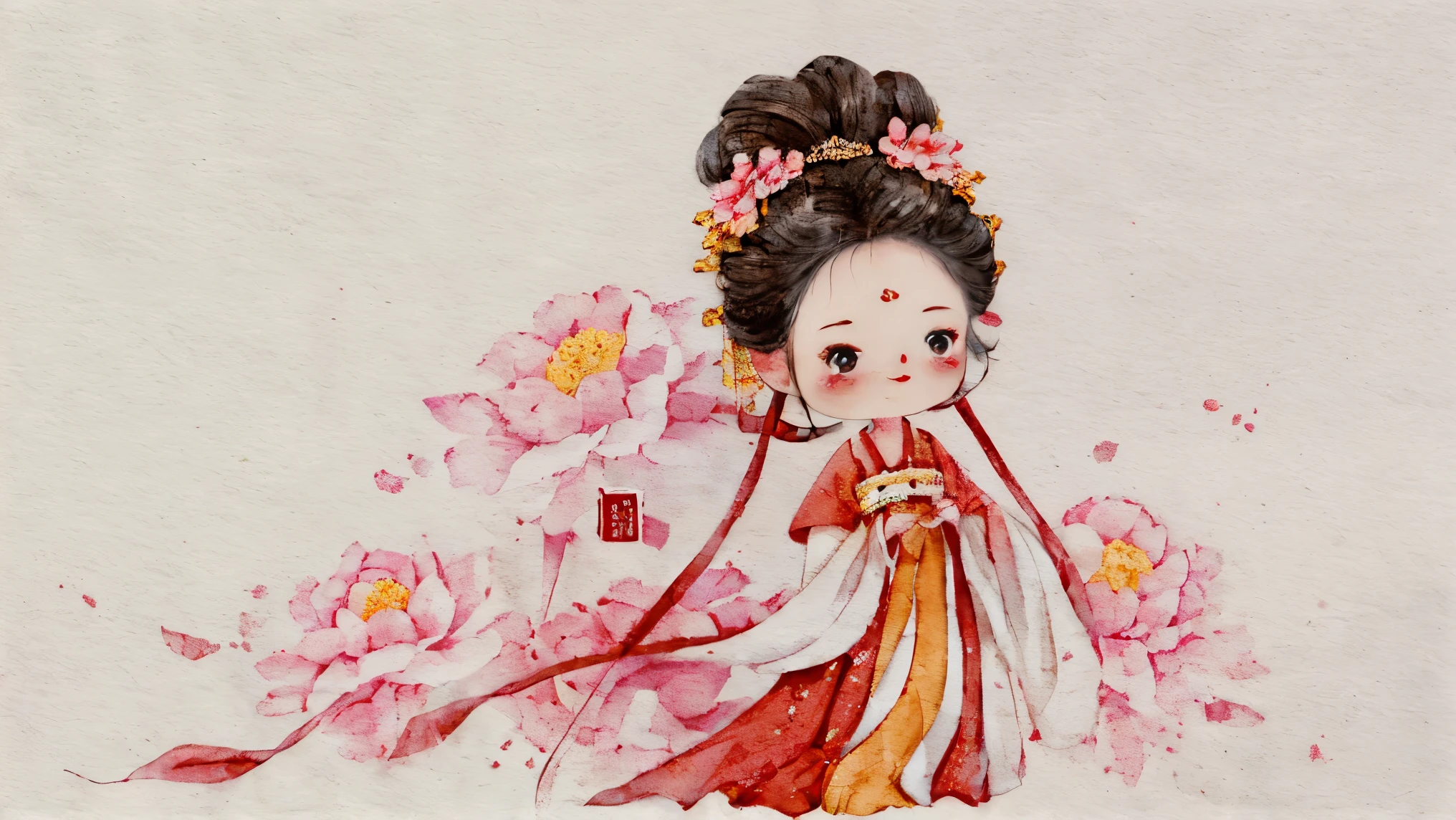 1girl, solo, blush, smile, black hair, hair ornament, long sleeves, white background, dress,standing, full body, hair ribbon, flower, hair flower, wide sleeves, hair bun, red ribbon, chinese clothes, facing viewer, pink flower, forehead mark, updo, hanfu,
