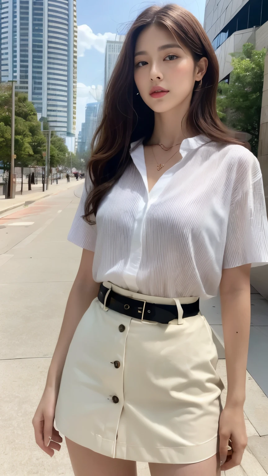 (highest quality, High resolution, masterpiece :1.3), A tall and pretty woman, thin abs, Loose wavy dark brown hair, chest, wear a pendant, White button-up shirt, belt, black skirt, (Modern architecture in background), Precisely expresses details such as face and skin texture, fine eyes, double eyelid,Red underwear is see-through