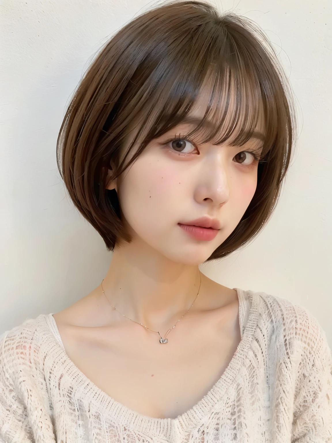 (highest quality、8K、32K、masterpiece、nffsw:1.2)、cute日本人女性の写真、long sleeve dress、very short bobbed hair、Upper body、surface focus、extra large size_sweater、necklace、simple background、From above、looking at the viewer、mix 4、(8K、Raw photo、highest quality、masterpiece:1.2)、(realistic、Photoreal:1.37)、1 girl、cute、professional lighting、photon mapping、Physically based rendering、shortcut、short hair、Handsome、girly、excellent image quality、High resolution、1080P、(clean face)、(Detailed facial description)、(detailed description of hands)、(Masseter muscle part)、(Detailed CG)、 extreme light and shadow、hair is dirty、masterpiece、rich details、(exquisite features)、(best image quality)、(masterpiece)、(detailed eye)、looking forward to your eyes、delicate clavicle、Versatile poses、Don&#39;don&#39;t watch the mela、profile、white wall、Taken in front of the white door、(窓のあるwhite wallの部屋)、Spring clothes、シンプルnecklace