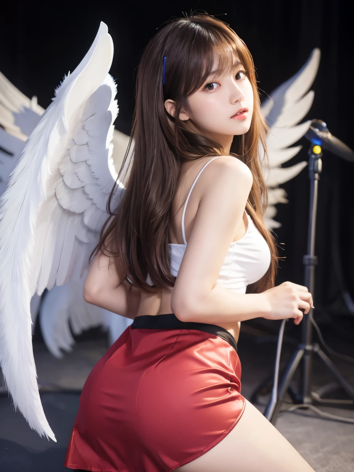 4K.HD. (Best Masterpiece, Best Quality, Best Quality) 1 beautiful girl in, long bangs, long brown hair, broadcast studio background, beautiful pink suit, BREAK, shiny red micro mini skirt, BREAK, big white angel wings on the back, looking at the camera, (Japanese idle:1.6),(from below:1.4)