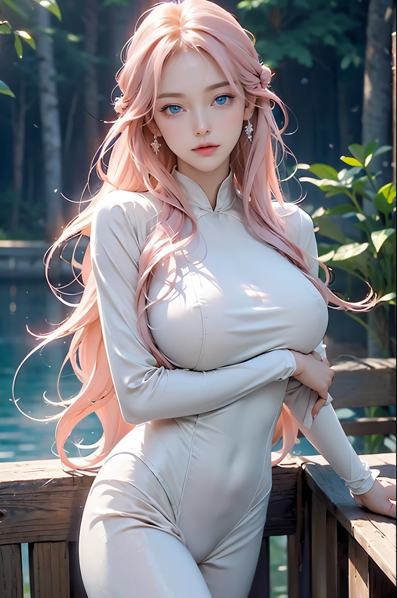 Lux Klein, lake klein, blue eyes, hair accessories, long hair, wave hair accessories, pink hair,
rest bodysuit, pilot suit, pink jumpsuit, Science fiction,
rest outdoors, City,
rest looking at viewer, rest (masterpiece:1.2), best quality, high resolution, unified 8k wallpaper, (illustration:0.8), (Beautiful and delicate eyes:1.6), extremely detailed face, perfect lighting, Extremely detailed CG, (perfect hands, perfect anatomy),(huge breasts:1.2),wet skin