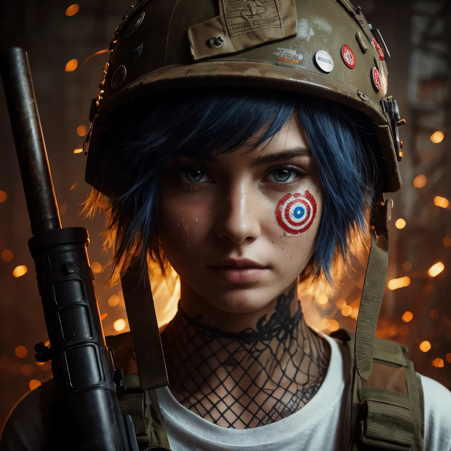 hyper realistic photography, teasing image, mysterious backlight face shade of fictional character: an edgy caucasian girl, detail facial, frackles, pore, moist skin detail, sweating, hot, band aid on her cheeks, short blue hair, wear soldier helmet full badges, cool weird expression, wear white t-shirt with target pictures, wear jeans shortpants & net stockings, wear military boot, cool posing and hold a bazooka, rustic backgrouund, sparks, dystopia mood--style raw --v 6.0