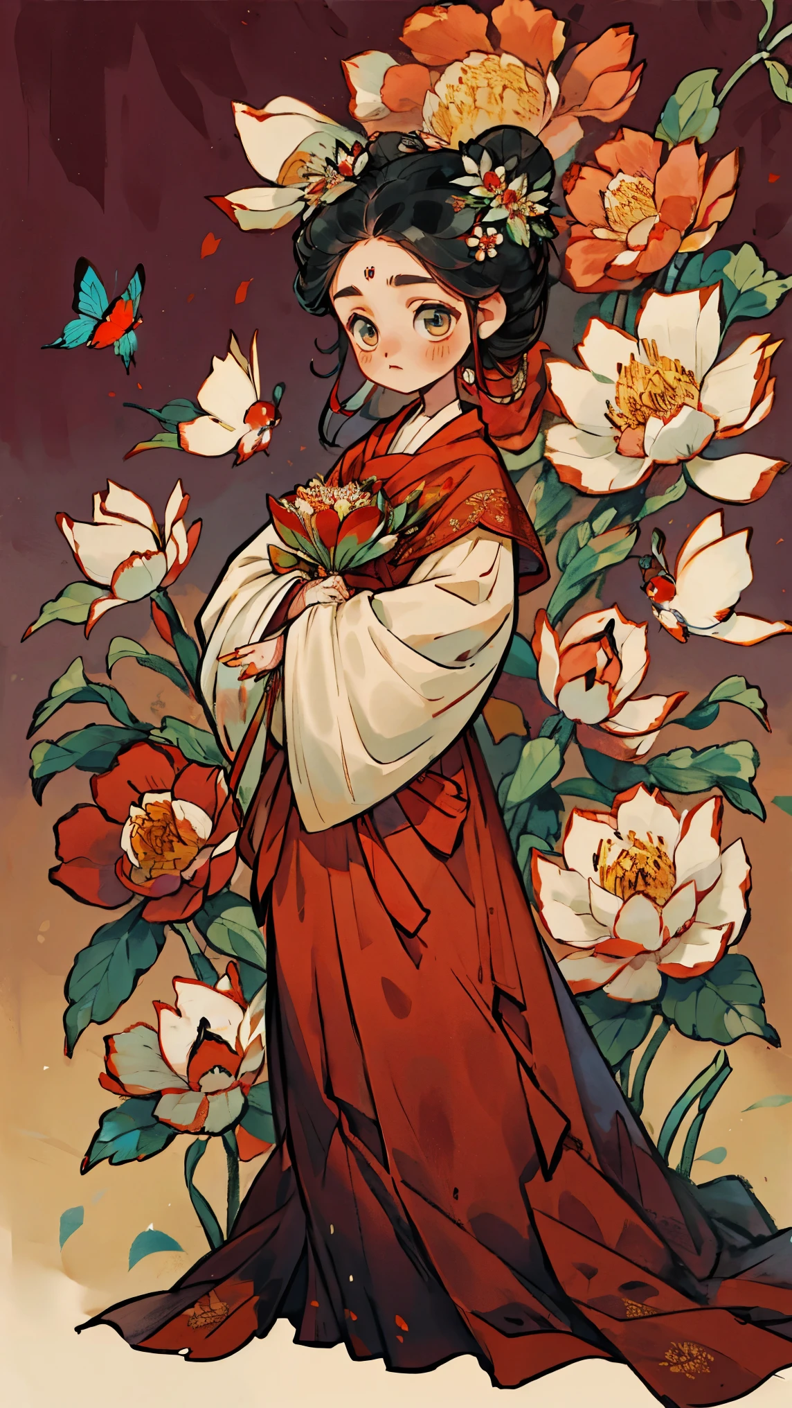 1 Sister, Alone, looking at viewert, face flushed, Background with, black hair color hair, hair adornments, longer sleeves, white backgrounid, Eternal, Full body lesbian, the bride, Red dress, red hijab red cloth, flowers blooming, hairflower, hair-bun, butterflys, tmasterpiece, recent quality, The finest details, Clear facial features, beautidful eyes