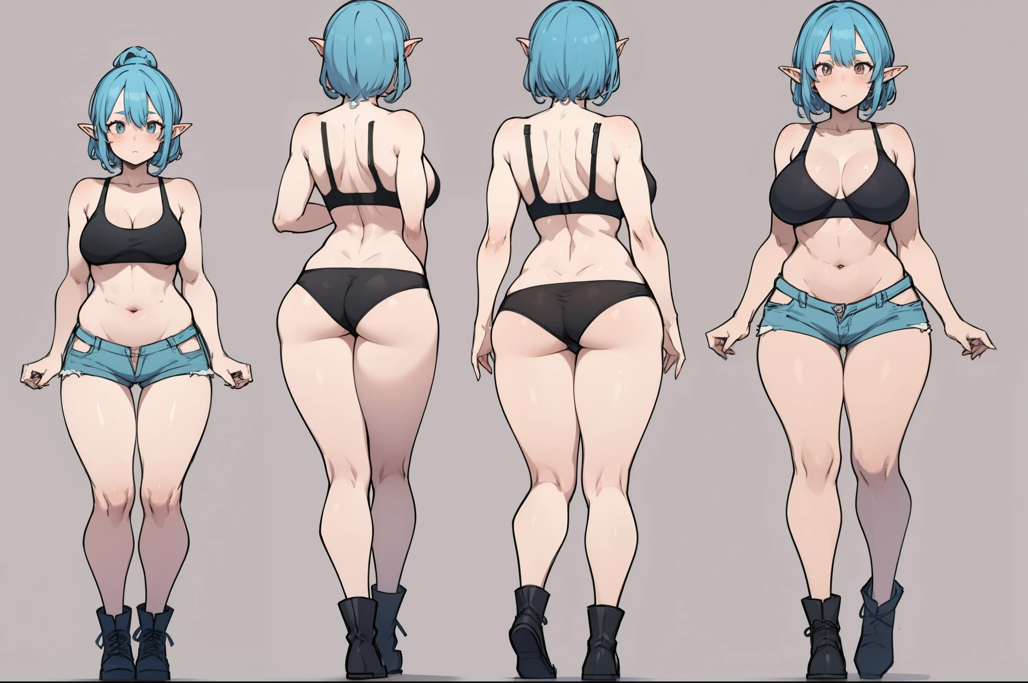 Adult goblin woman, light skin, turquoise blue hair, long shapely and muscular legs, small waist, huge breasts, tight shorts, high stockings, tank top, black bra, boots, 8k, hd, masterpiece, full body, white background, character sketch in various perspectives back, front, 3/4
