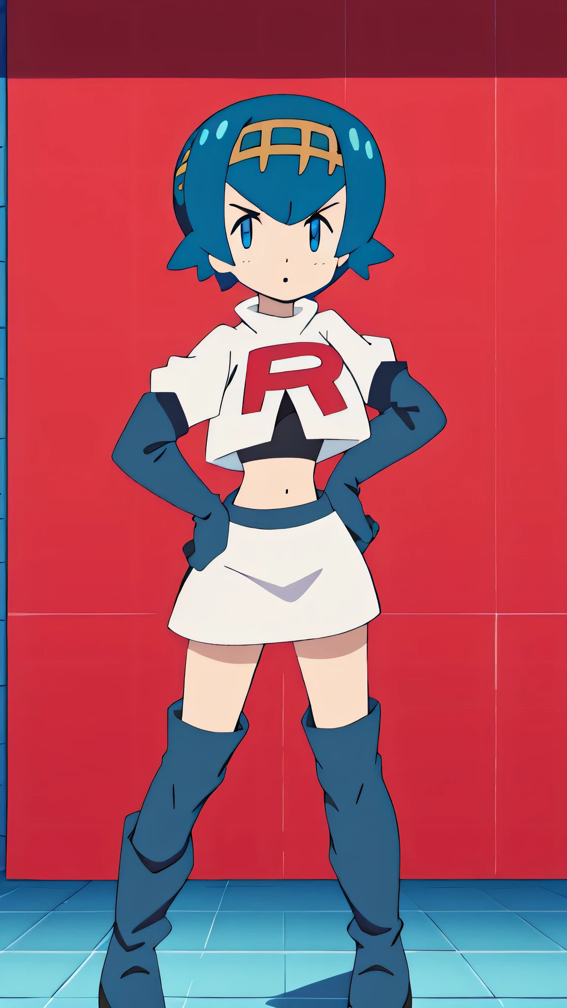1girl in, (Solo:1.2), (Perfect body:1.1), (Best Quality:1.1), , very large breast, hands on hip,team rocket uniform, red letter r, white skirt,white crop top,black thigh-high boots, black elbow gloves, glaring angrily, looking at viewer, hands on hips, full body seen
