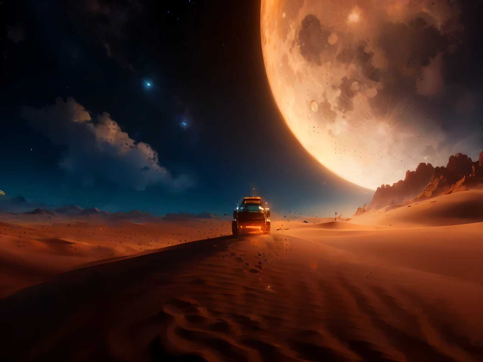 close-up of a pistol in the desert against the backdrop of the full moon, beautiful surreal gun, background image, fps game concept art, 8K concept art with high detail, space Opera, skirmish, sci-fi space game, High quality detailed 8k graphics, Рендеринг Borderlands 4K, stunning artwork in 8k