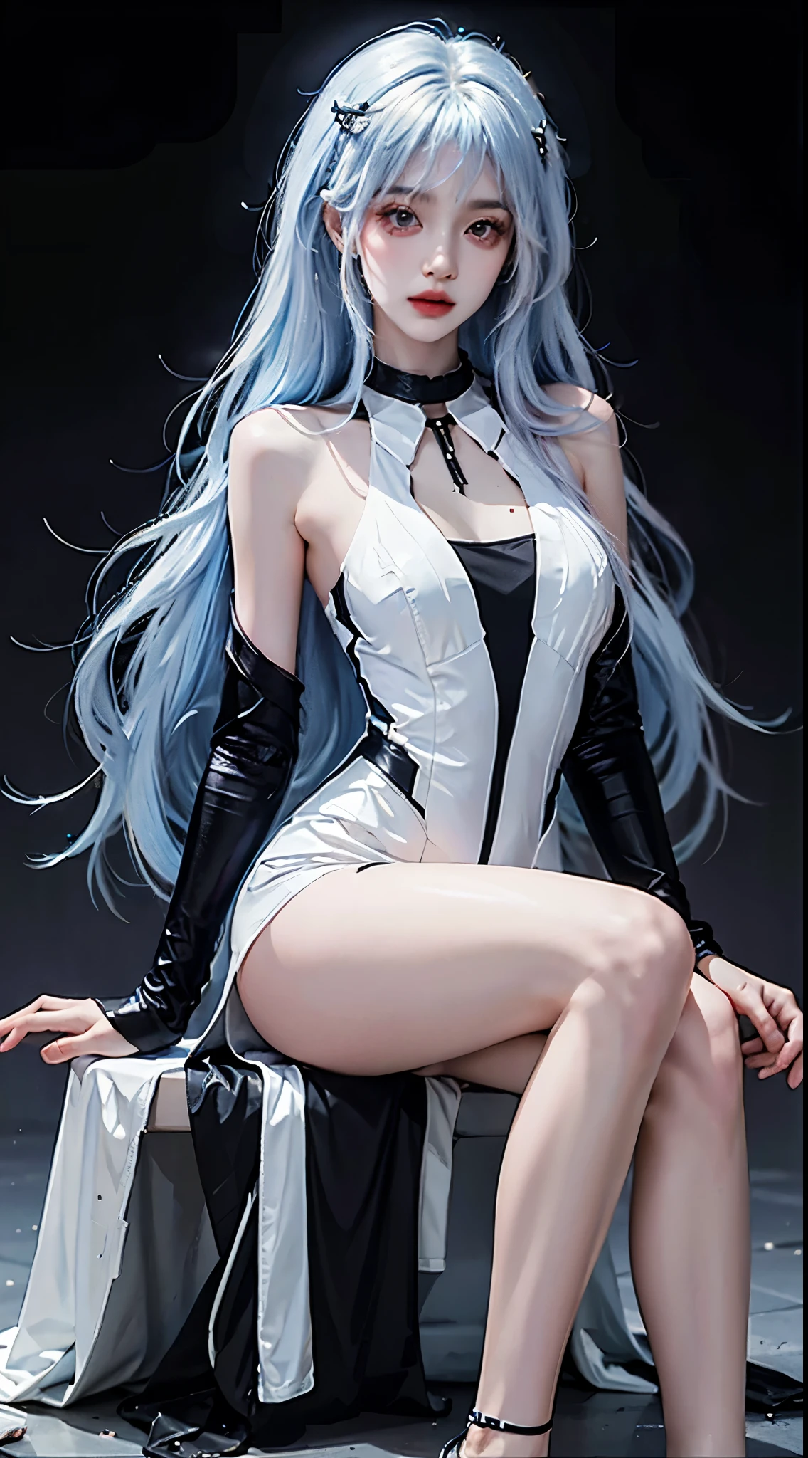 lacia costplay costume,  ((Knee Shooting)),（masterpiece、best quality、high resolution），（Colorful background，（splash of color）），sweet girl，Light blue and white medium length hair，[light blue|pink]hair，curls，sparkling，红pink的嘴唇，The cracks are relatively large，splash of color，Volumetric lighting，A plump chest, elegant gesture, Sexy slender legs