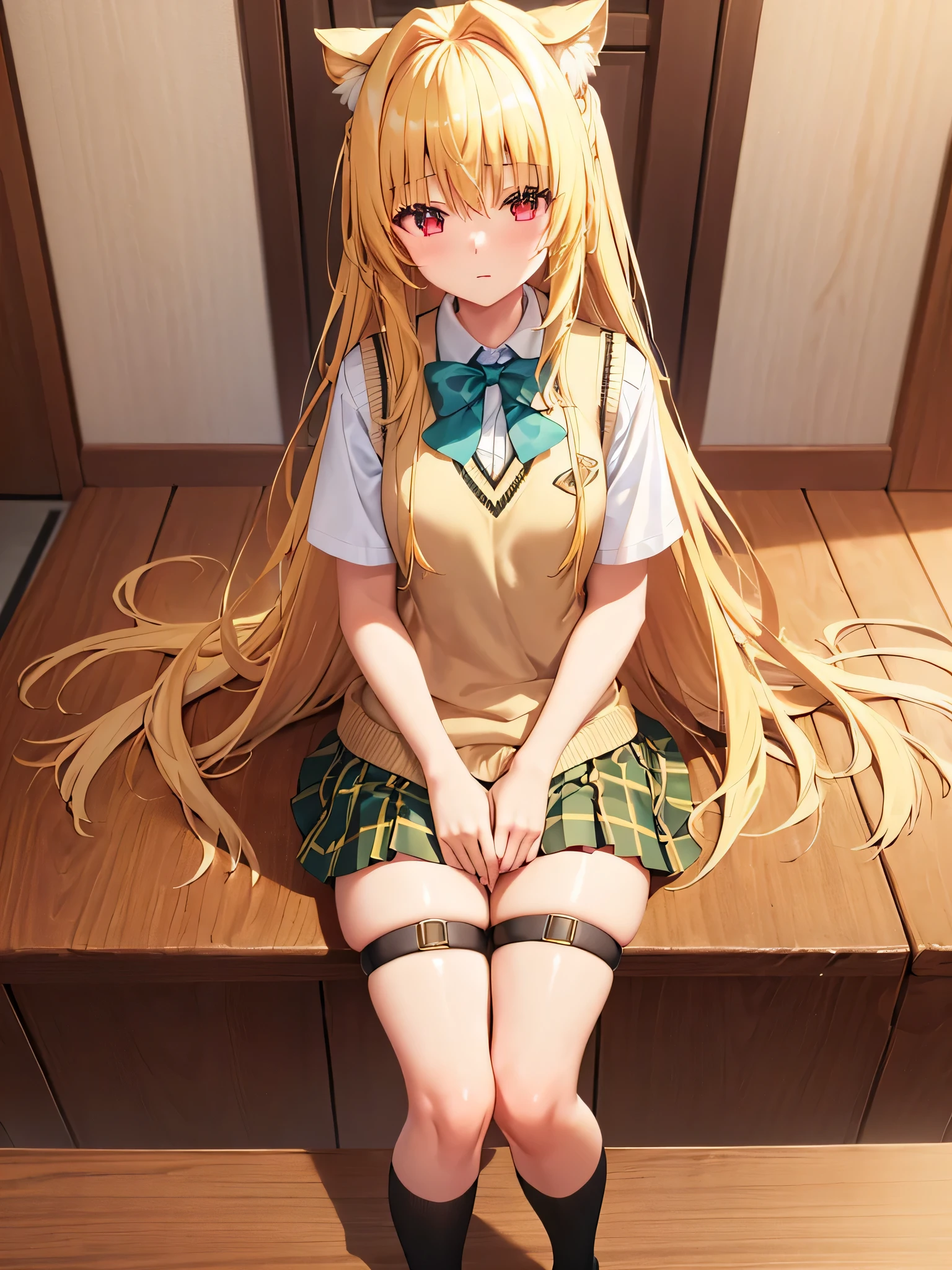 (masterpiece:1.6, best quality), (Exquisite and beautiful eyes: 1.2), Payami, Yamisch, 1 girl, long hair, alone, uniform, hair accessories, hair between eyes, one side up, blonde hair, very long hair, skirt, red eyes, thigh strap, sweater vest, Plaid skirt, Plaid, Short socks, one side up, hair accessories, pleated skirt, knee Short sockss
,
