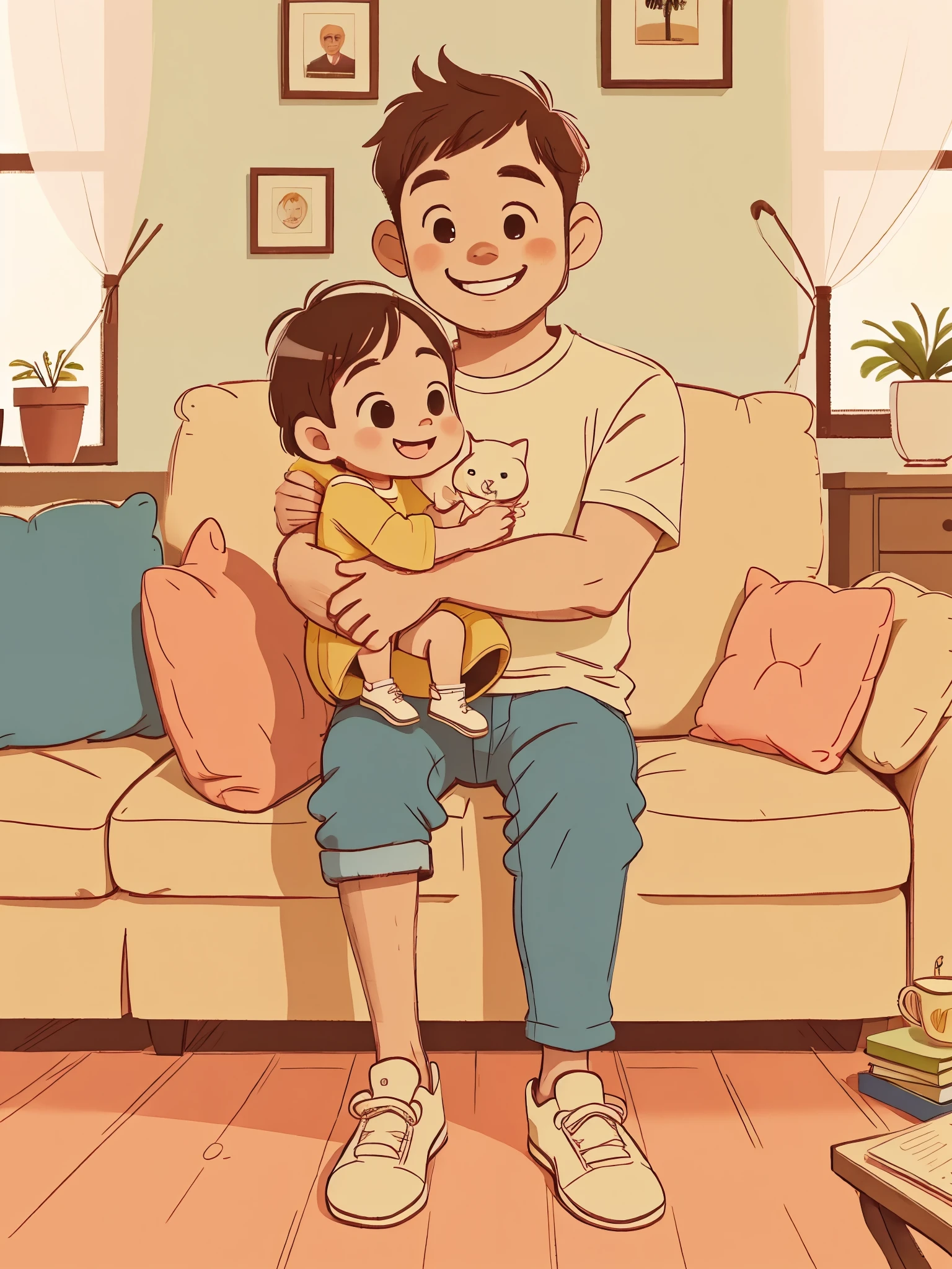 (Masterpiece, best quality), father holding his sitting on the sofa in a warm home, smiling, delicate features, two people talking, happy,