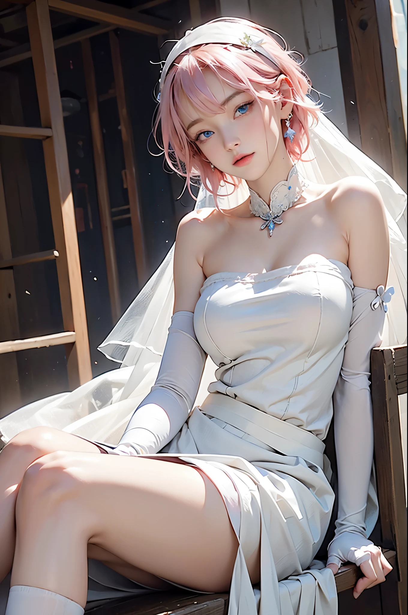 Ernonai, Nino Nakano, short hair, Bangs, blue eyes, hair accessories, Headband, pink hair, blunt Bangs, sides up, butterfly hair accessories,
rest gloves, skirt, split, bare shoulders, clavicle, elbow gloves, White gloves, white skirt, Strapless, crown, veil, Strapless skirt, wedding skirt, bridal veil,
rest indoors, church,
rest looking at viewer, rest (masterpiece:1.2), best quality, high resolution, unified 8k wallpaper, (illustration:0.8), (Beautiful and delicate eyes:1.6), extremely detailed face, perfect lighting, Extremely detailed CG, (perfect hands, perfect anatomy),(huge breasts:1.2),wet skin