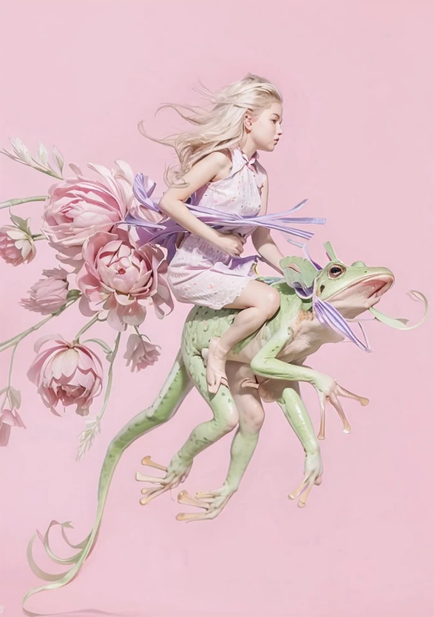 A pretty boy riding a jumping heart-patterned frog while holding a large chrysanthemum on his side..