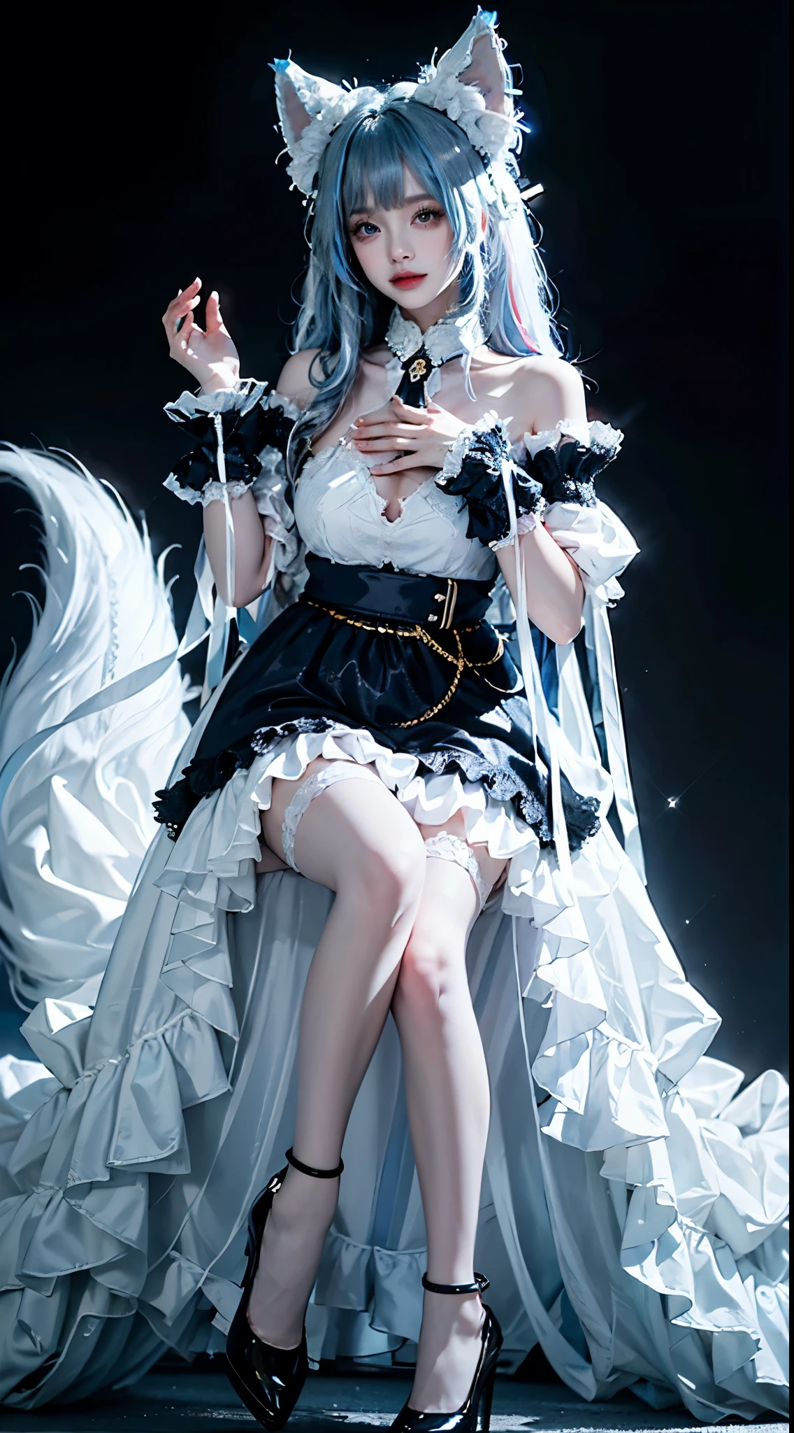 shinano cosplay costume, cosplay, thighhighs, high heels, see-through, fox tail, multiple tails, ((Knee Shooting)),（masterpiece、best quality、high resolution），（Colorful background，（splash of color）），sweet girl，Light blue and white medium length hair，[light blue|pink]hair，curls，sparkling，红pink的嘴唇，The cracks are relatively large，splash of color，Volumetric lighting，A plump chest, elegant gesture, Sexy slender legs