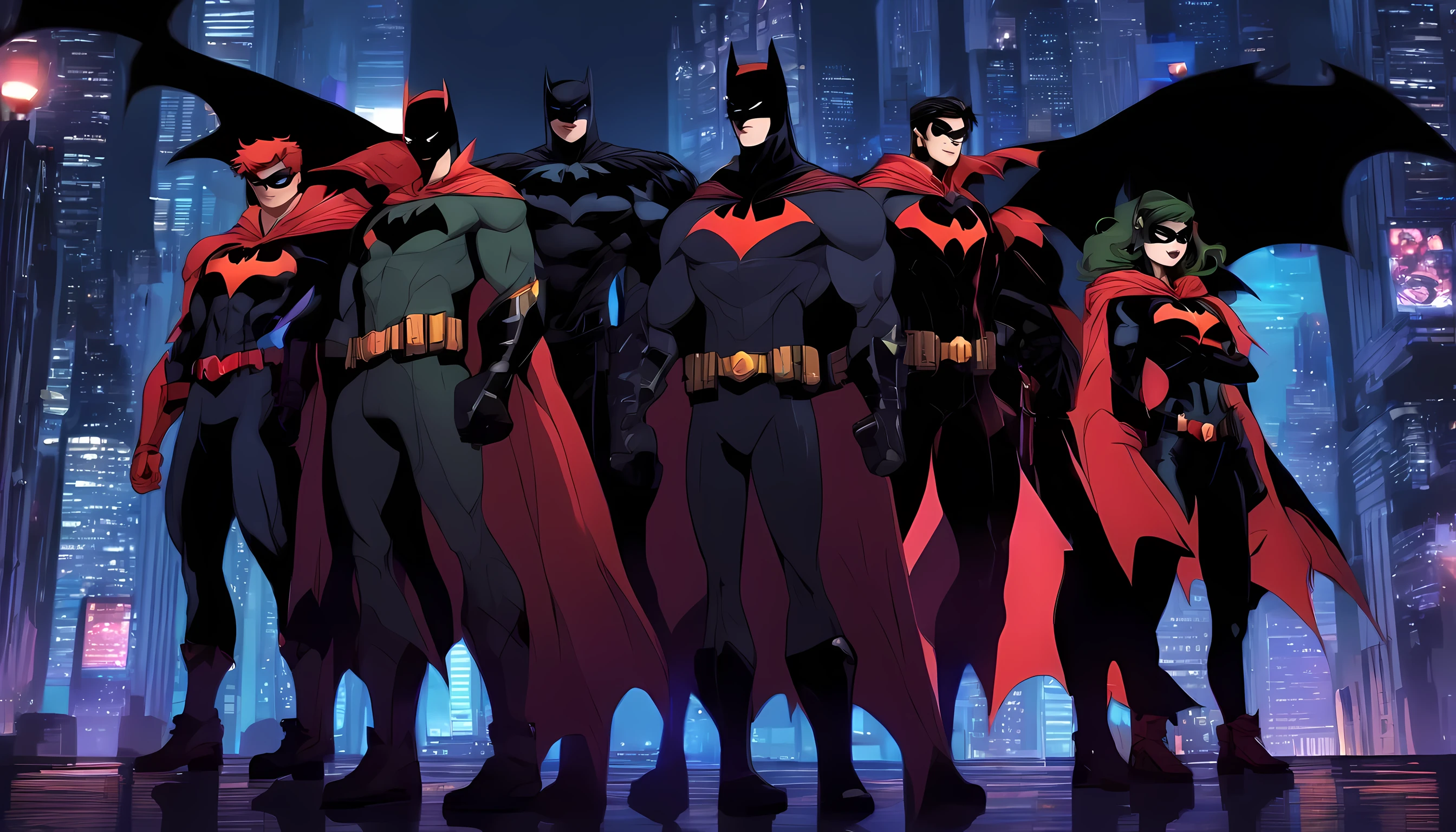 3 people (1 woman (Batwoman, Kate Kane), wearing bat woman costume, standing pose), (1 man (Nightwing, Dick Grayson), wearing Nightwing costume, standing pose), (1 Boy (Damian Wayne, Robin), wearing Robin costume, standing pose) in gotham city at night