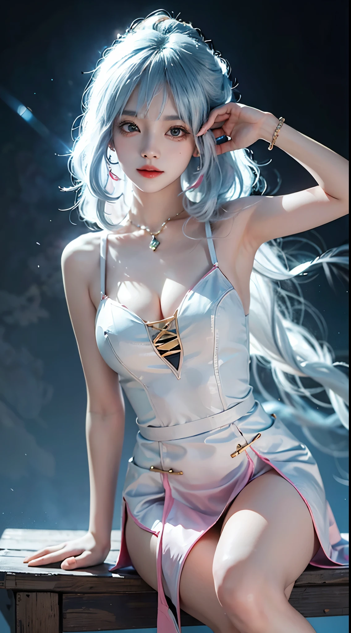 ayaka, genshin impact, kamisato ayaka,  ((Knee Shooting)),（masterpiece、best quality、high resolution），（Colorful background，（splash of color）），sweet girl，Light blue and white medium length hair，[light blue|pink]hair，curls，sparkling，红pink的嘴唇，The cracks are relatively large，splash of color，Volumetric lighting，A plump chest, elegant gesture, Sexy slender legs