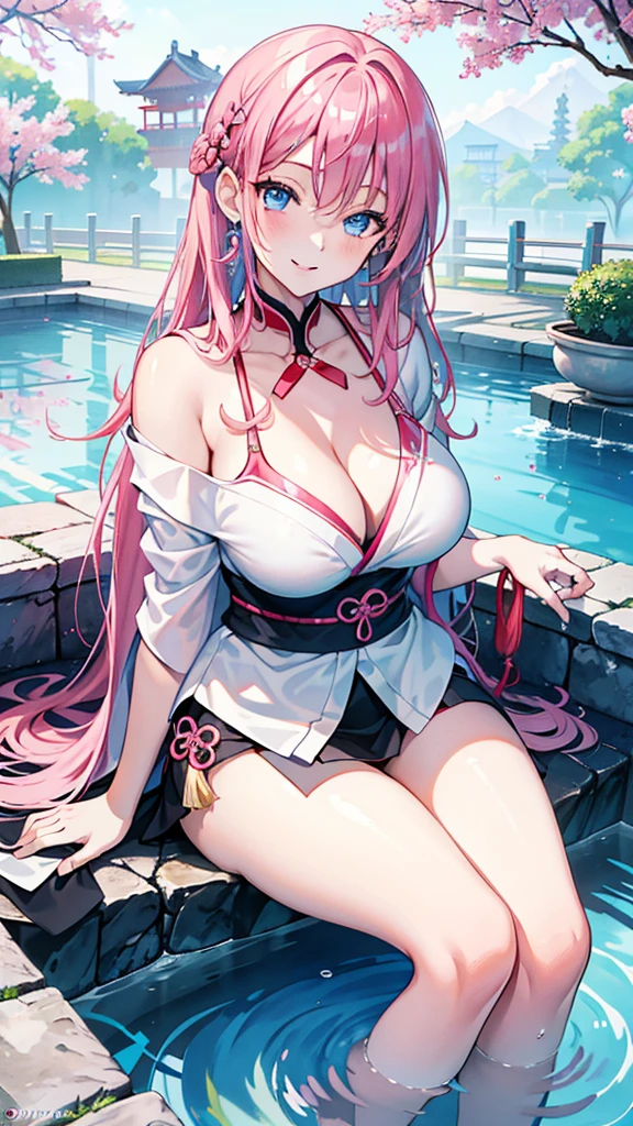 masterpiece,best quality,detailed,8K,1 girl,Japanese face,blue eyes,bikini,short sleeve shirt,Off the shoulders,Seductive shoulders,pink hair,long hair,large size breasts,shiny skin,earrings,Smile,sitting,Poolside,Place your fingers on your lips,Ancient Chinese architecture,seductiveexpression