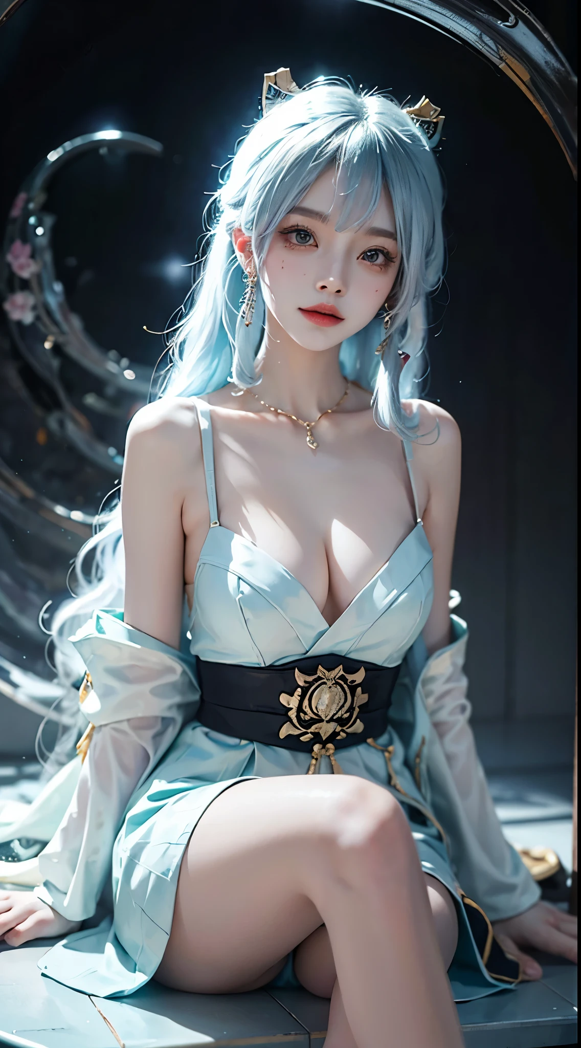 ayaka, genshin impact, kamisato ayaka,  ((Knee Shooting)),（masterpiece、best quality、high resolution），（Colorful background，（splash of color）），sweet girl，Light blue and white medium length hair，[light blue|pink]hair，curls，sparkling，红pink的嘴唇，The cracks are relatively large，splash of color，Volumetric lighting，A plump chest, elegant gesture, Sexy slender legs