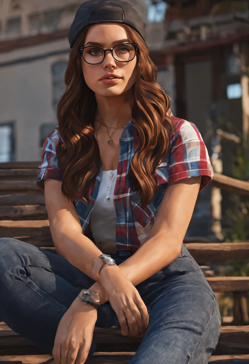 Young 25 year old woman, long brown wavy hair, blue eyes, round prescription glasses, black backwards cap, black high waisted jeans, white crop top with an unbuttoned mens blue plaid button up shirt, in the style of GTA 5