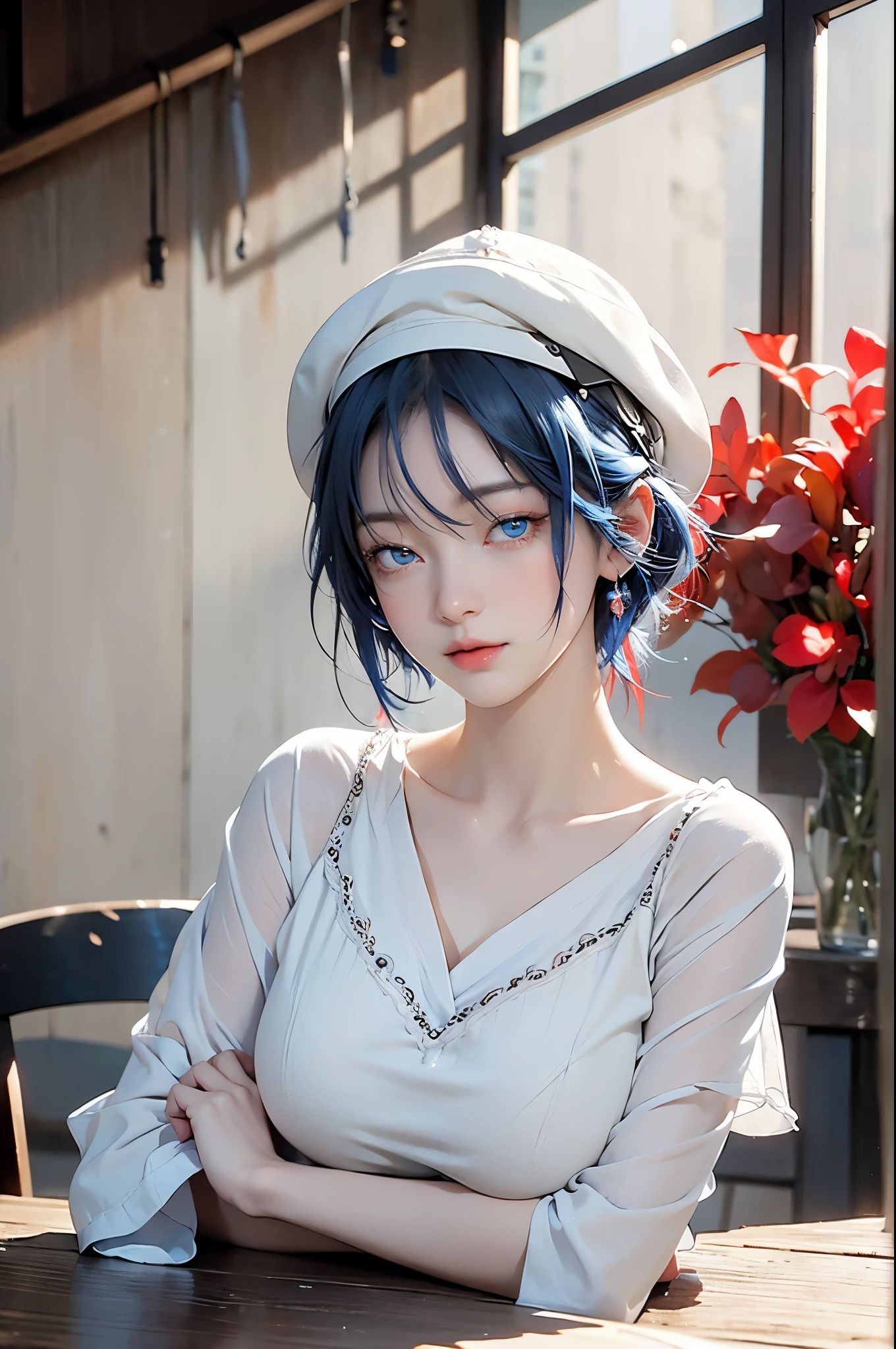 Lea Yabo, ayanami rei, blue hair, short hair, (red eyes:1.5),
blake jumpsuit, hat, Plug set, white jumpsuit,
rest outdoors, City,
rest looking at viewer, 
rest (on the table:1.2), best quality, high resolution, Unity 8K Wallpaper, (illustration:0.8), (Beautiful and delicate eyes:1.6), The facial details are particularly rich, perfect lighting, Extremely detailed CG, (perfect hands, perfect anatomy),(huge breasts:1.2),wet skin