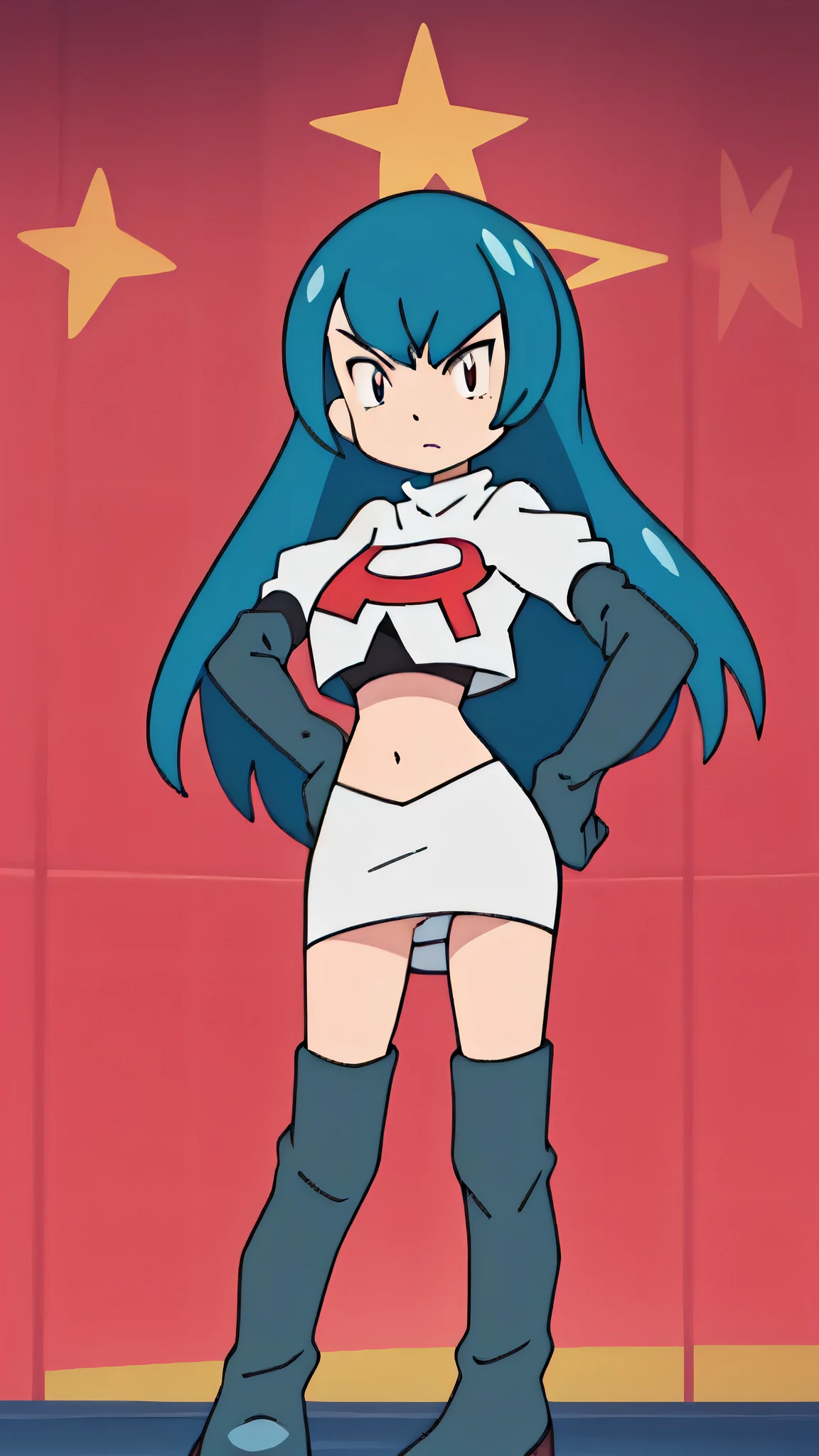 1girl in, (Solo:1.2), (Perfect body:1.1), (Best Quality:1.1), , very large breast, hands on hip,team rocket uniform, red letter r, white skirt,white crop top,black thigh-high boots, black elbow gloves, glaring angrily, looking at viewer, hands on hips, full body seen