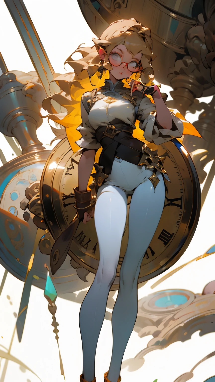 glow,masterpiece, beautiful, 4K, best quality, oil painting portrait style, cute face, big breasts, blonde,round frame glasses,pointed ears, white pantyhose,whole body,standing posture,clock,站在clock上,rotate