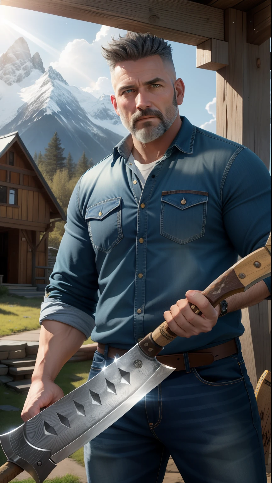 (masterpiece) Highest quality, ultra detailed, ultra-realistic, 40 year old man, piercing gaze, The average person, strong, short beard and gray hair, Lumberjack shirt and jeans with slouch, (wielding an axe: 1.3) , in cold and bluish tones, In the background are village houses, and sometimes vegetation, Dynamic angle, High-resolution display, Realistic lighting and shadows, breathtaking.Tyndall effect