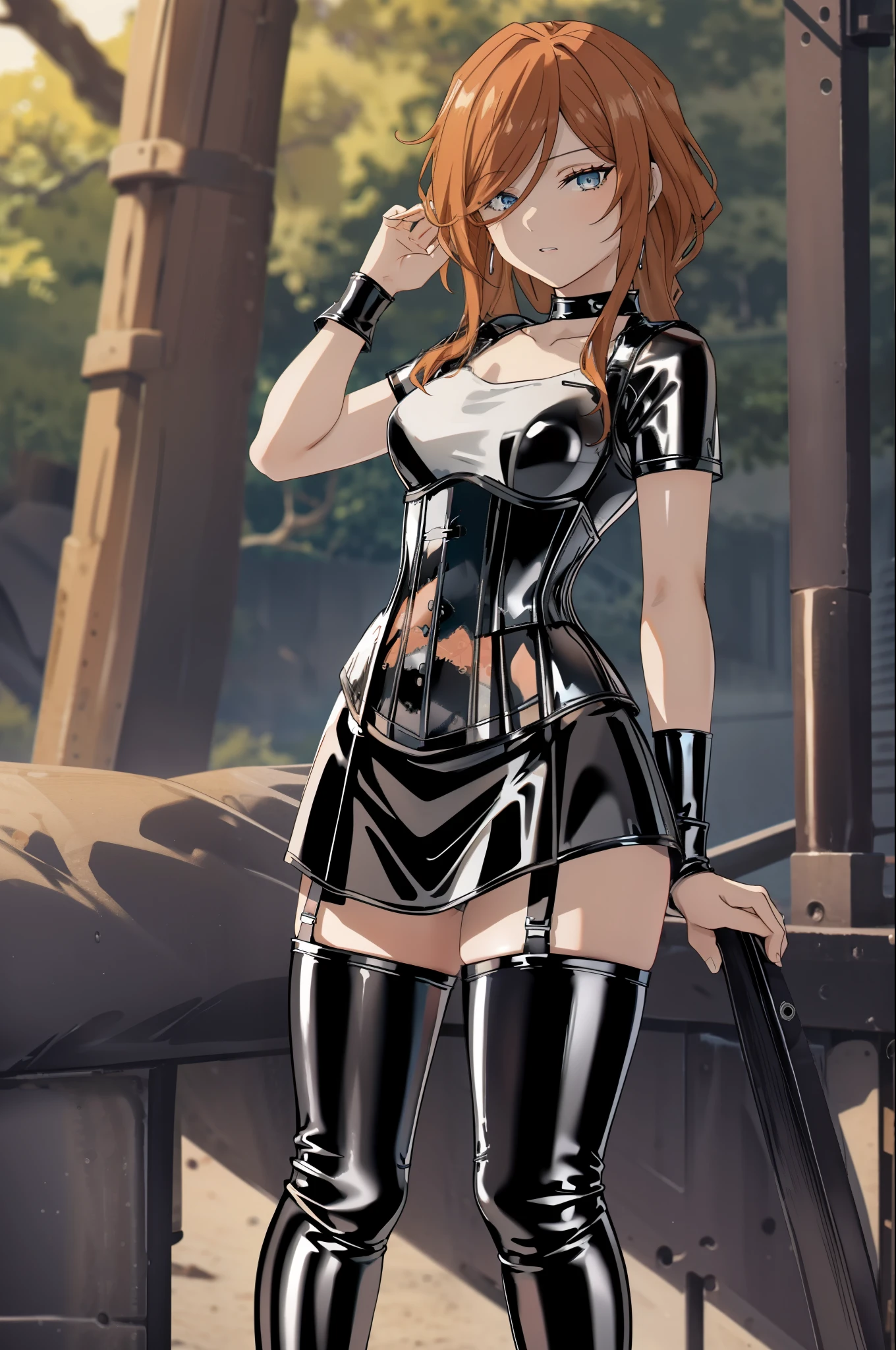 1 girl,bangs,alone,Sheet blades,brown hair,orange hair,very long hair,side lock,red earrings,hair above one eye,green eyes,blue eyes,clavicle,Golden choker,medium breasts,short sleeve,white dress,put your hands on your hips,
Black Gladiator Sandals,outdoor,nature,, exquisite visuals, High resolution,masterpiece,highest quality,exquisite visuals,High resolution,masterpiece,highest quality,18-year-old,young woman,beautiful fingers,beautiful long legs,beautiful body,beautiful character design,BDSM、(((black latex corset dress:1.4)))、(((The corset is decorated with beautiful embroidery.)))、(((corset dress with shoulder straps)))、(((black latex tight miniskirt:1.4)))、first round、(((Black Thigh Boots)))、high heel boots、(((Black latex bra)))、(((Black latex panties)))、first round、Black Thigh Boots、high heel boots、1 girl、Expressionless
