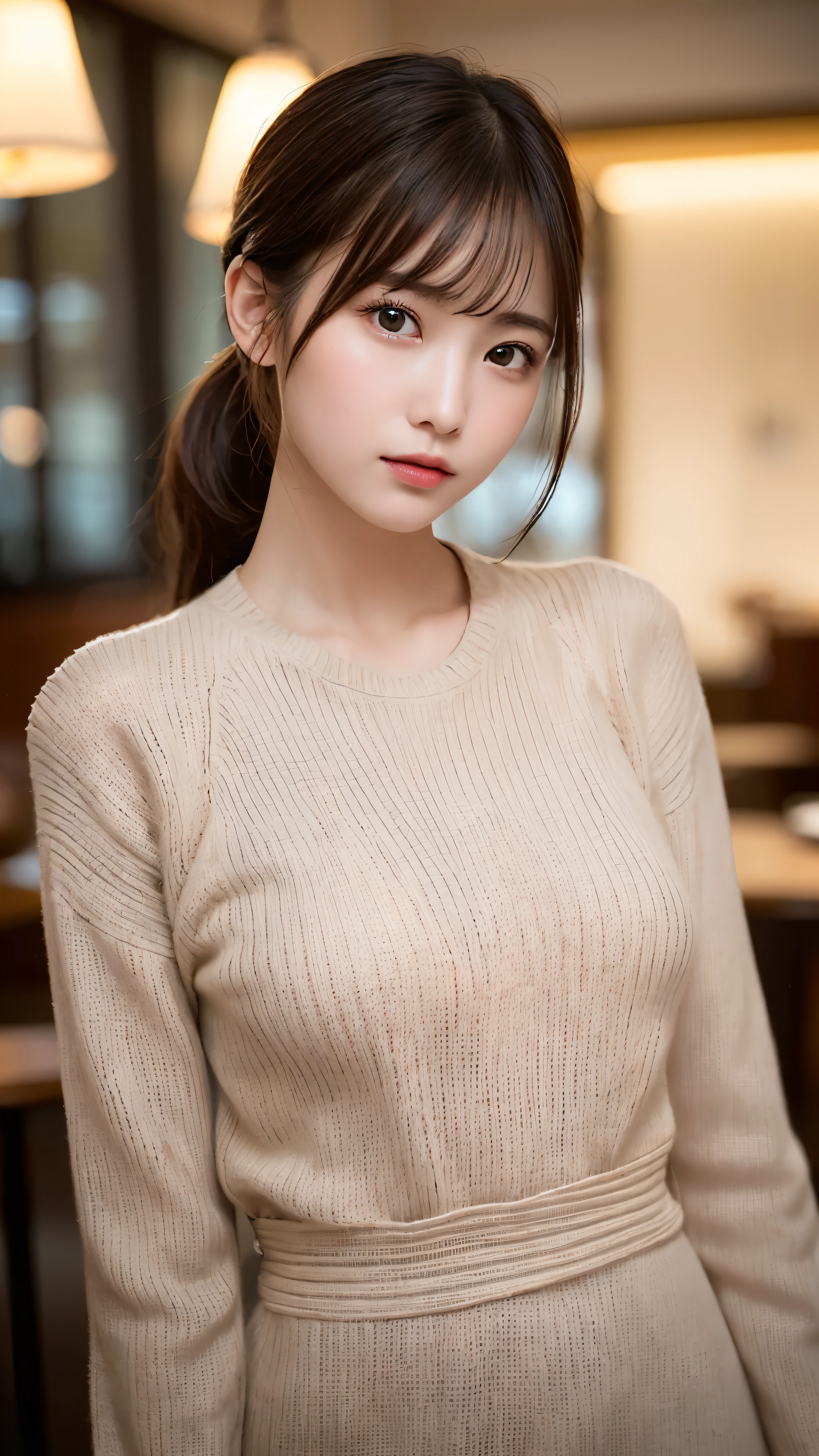 (masterpiece:1.5)、(realistic:1.5)、(highest quality:1.4、8K、RAW photo)、 ultra high resolution、professional lighting、perfect dynamic composition、Photographed at an antique and stylish cafe、 film grain、chromatic aberration、(Bokeh:1.1)、 Frank、Sophisticated、charm、超realistic、high detail、golden ratio、 (1 girl)、slender girl、繊細でcharm女の子、cute woman:1.4、 serious expression、looking at the viewer、light brown hair、shining hair、Hair style is ponytail、 skin that looks real、 close your mouth、fine eyes、double eyelid、thin arms、(sweater dress:1.3)