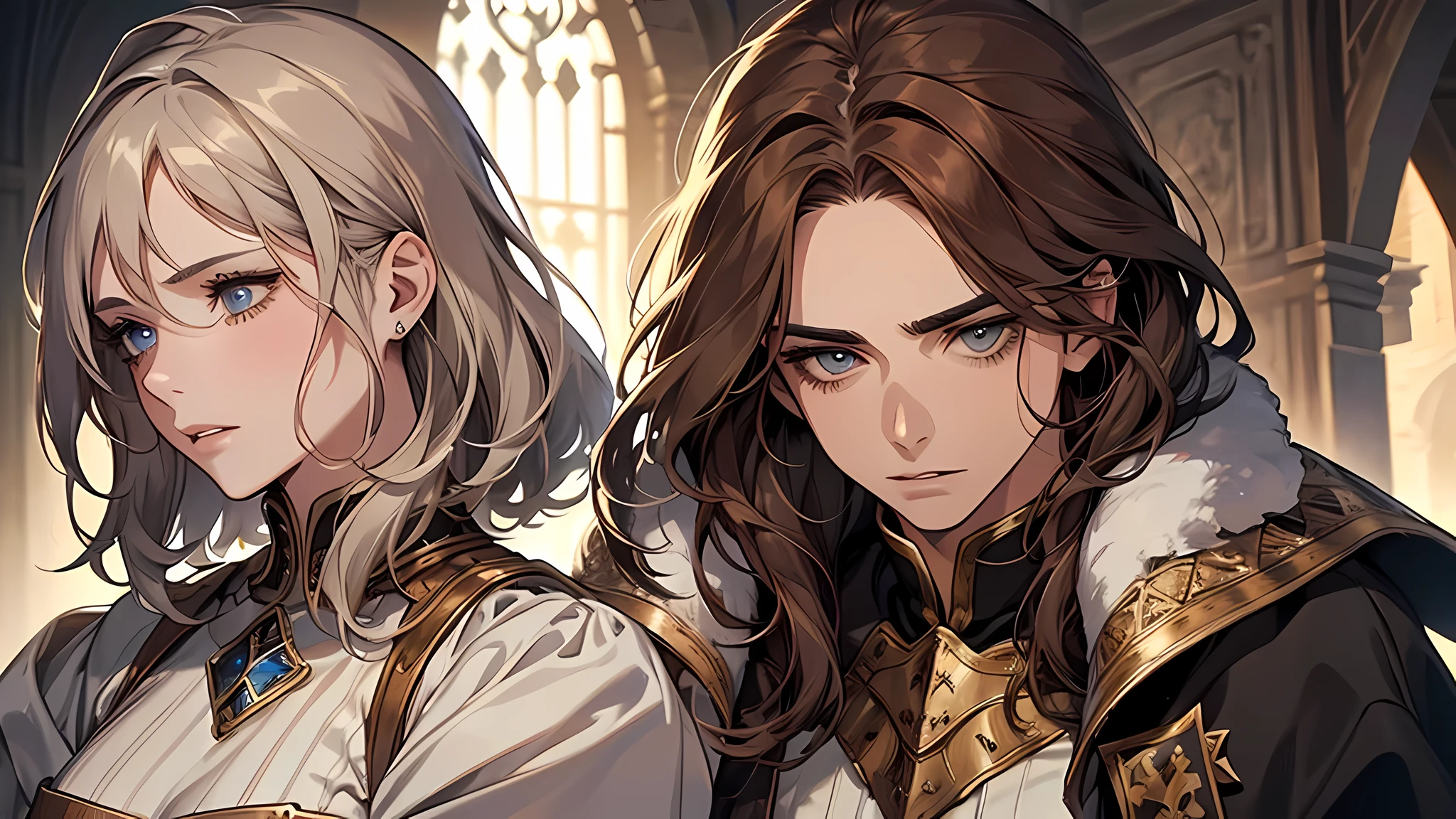 1 handsome man, 1 beautiful girl, man in short white hair, girl in brown hair, medieval times, knight, confused face, face detailed, plump lips, no expression, calm face, detailed eyes, detailed nose