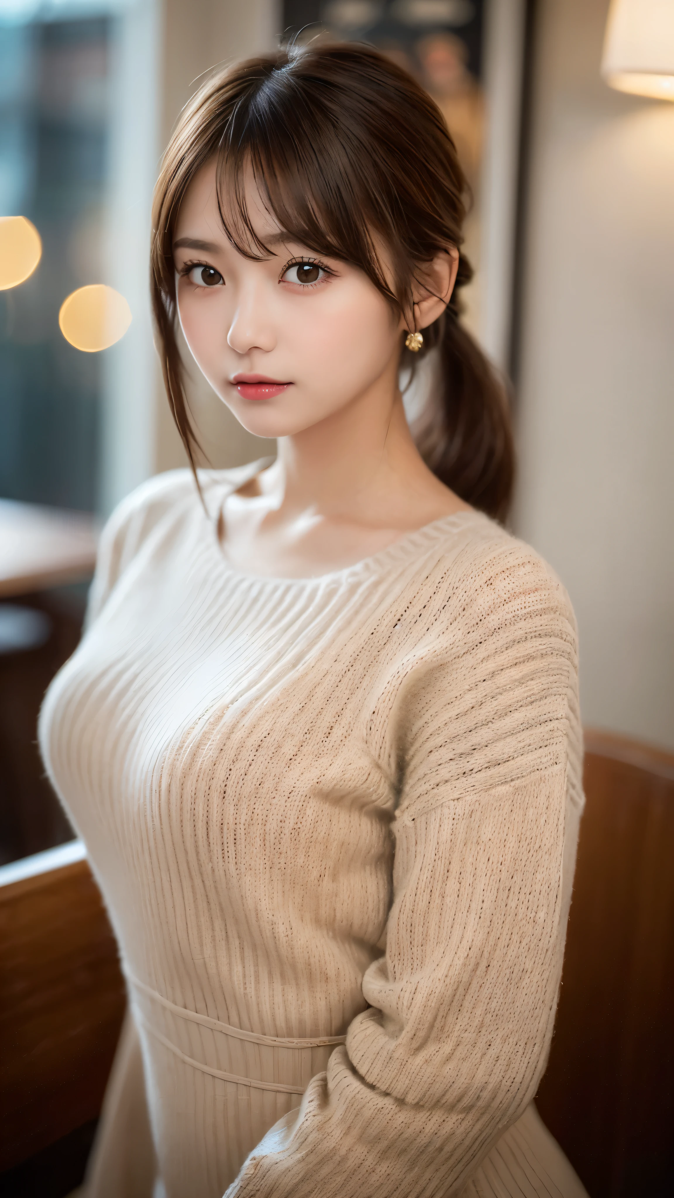 (masterpiece:1.5)、(realistic:1.5)、(highest quality:1.4、8K、RAW photo)、 ultra high resolution、professional lighting、perfect dynamic composition、Photographed at an antique and stylish cafe、 film grain、chromatic aberration、(Bokeh:1.1)、 Frank、Sophisticated、charm、超realistic、high detail、golden ratio、 (1 girl)、slender girl、繊細でcharm女の子、cute woman:1.4、 serious expression、looking at the viewer、light brown hair、shining hair、Hair style is ponytail、 skin that looks real、 close your mouth、fine eyes、double eyelid、thin arms、(sweater dress:1.3)